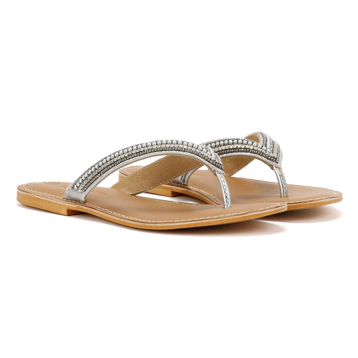 Tower London Metallic Bead Thong Damen Silber Sandalen