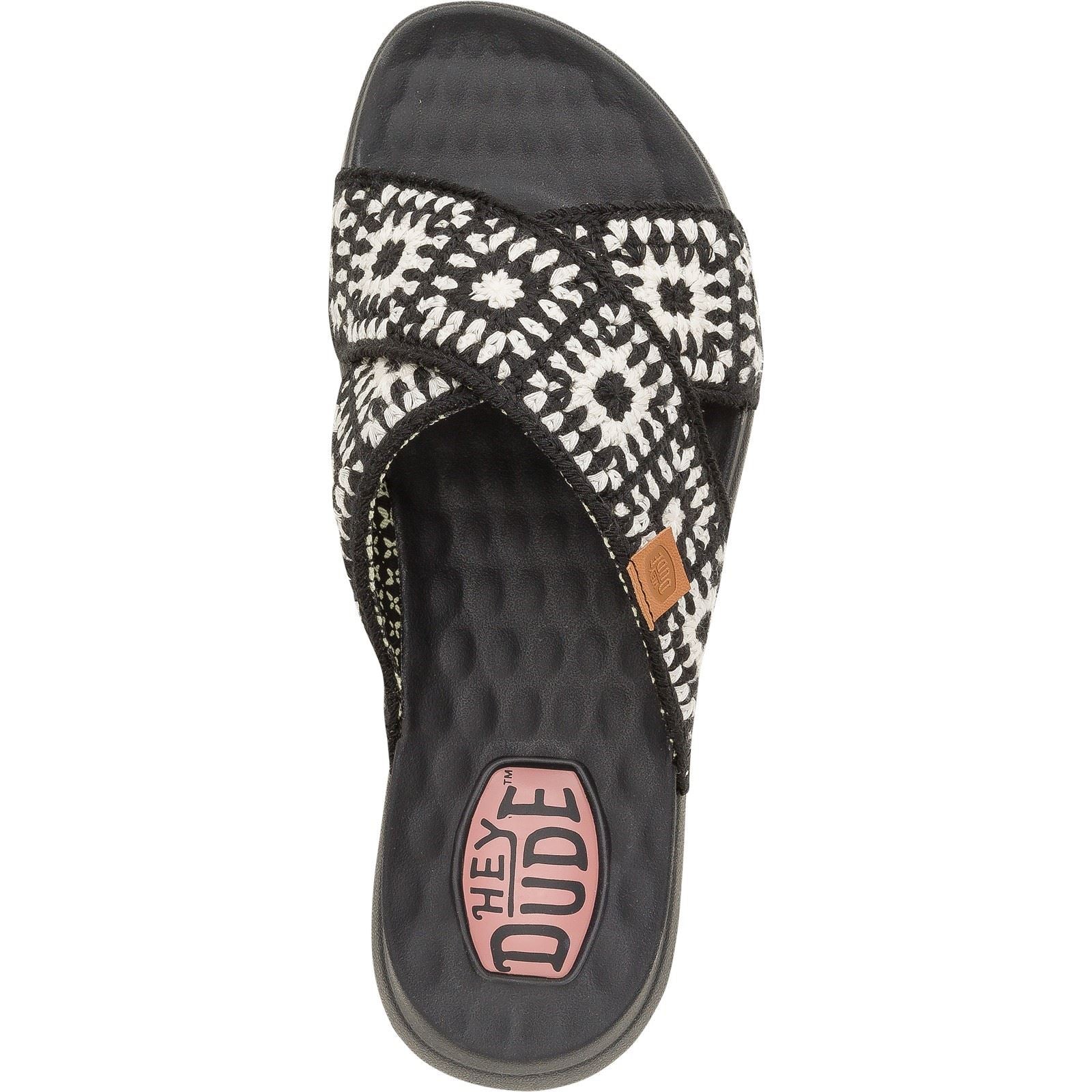 HEYDUDE Christi Slide Cottage Crochet Baumwoll-Damensandalen In Schwarz/Weiß