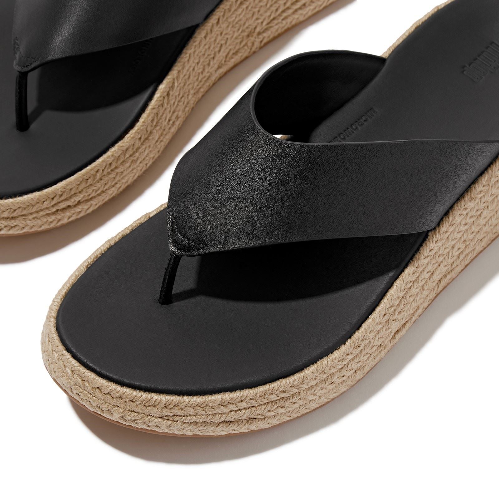 Fitflop F-Mode Toe Post Espadrille Leder Damen Schwarze Sandalen