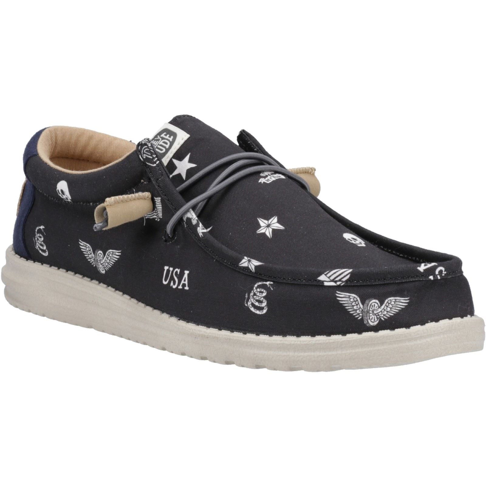 HEYDUDE Wally Stars n Skulls 100% Baumwolle Herren Bootsschuhe In Schwarz