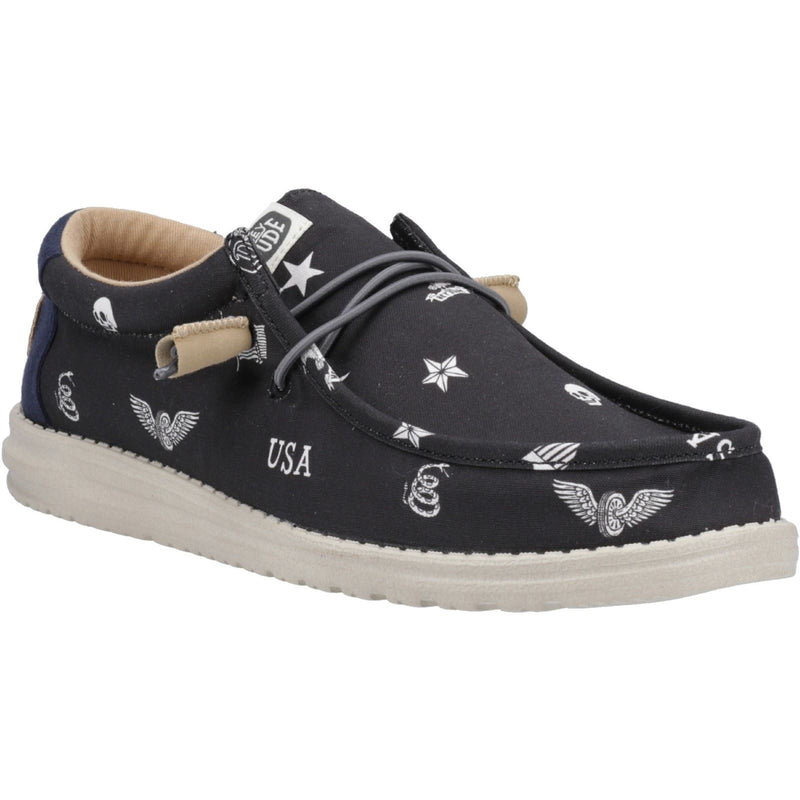 HEYDUDE Wally Stars n Skulls 100% Baumwolle Herren Bootsschuhe In Schwarz