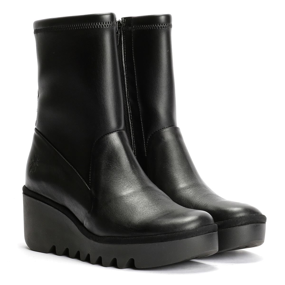 Fly London Boik Wedge Stretch Leder Damen Schwarze Stiefel