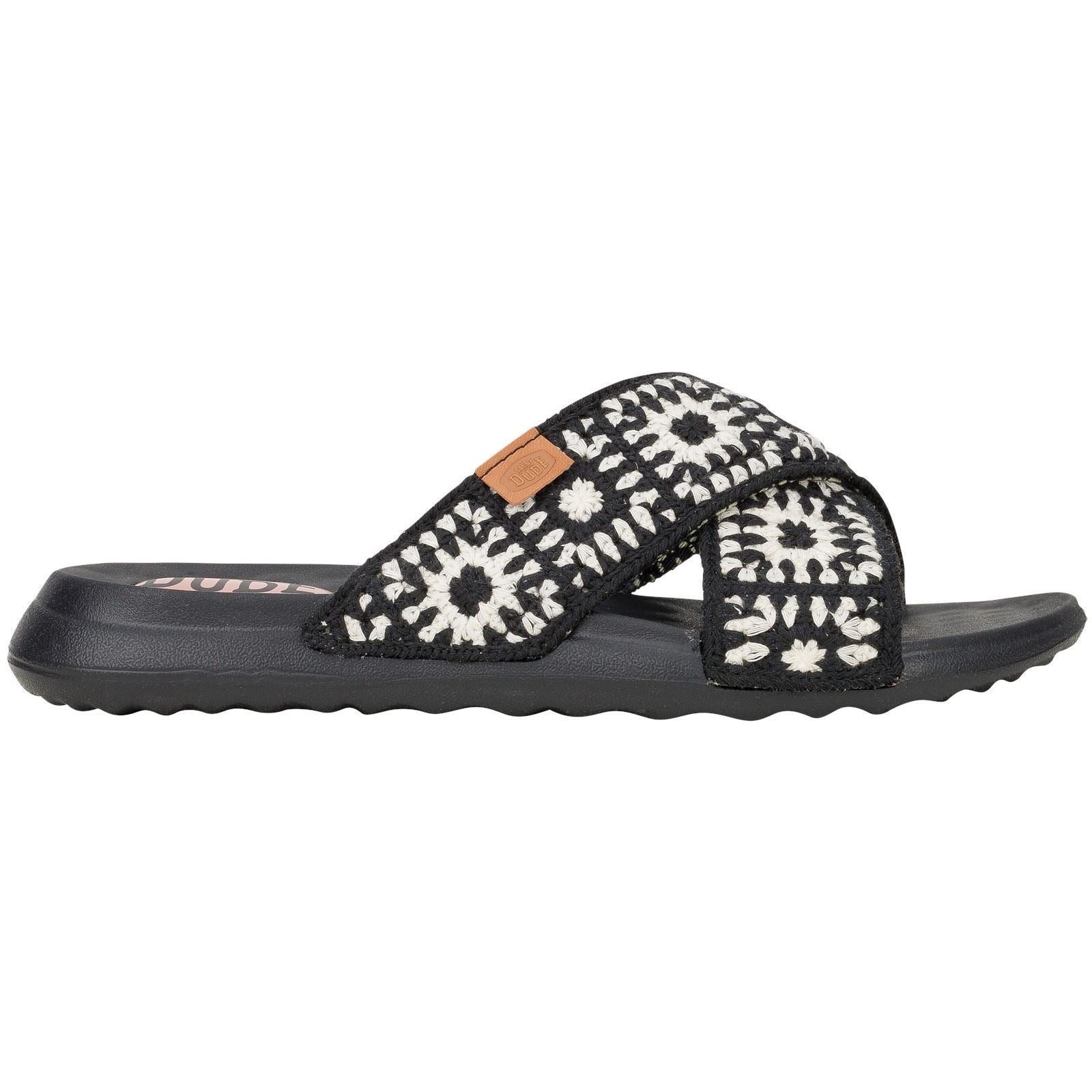 HEYDUDE Christi Slide Cottage Crochet Baumwoll-Damensandalen In Schwarz/Weiß