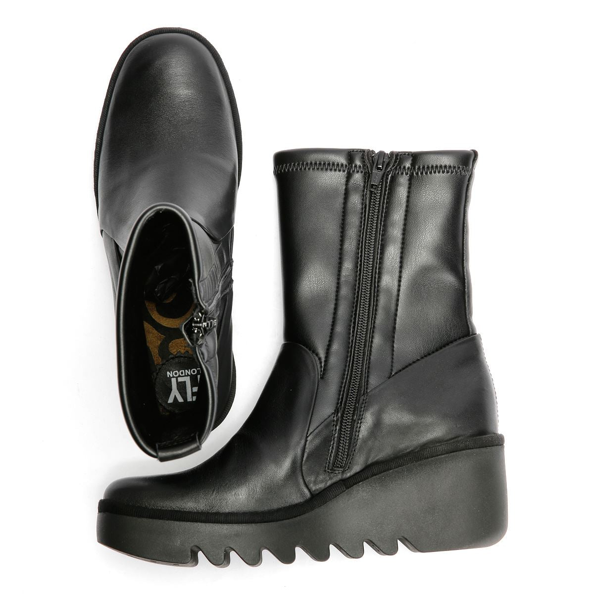 Fly London Boik Wedge Stretch Leder Damen Schwarze Stiefel