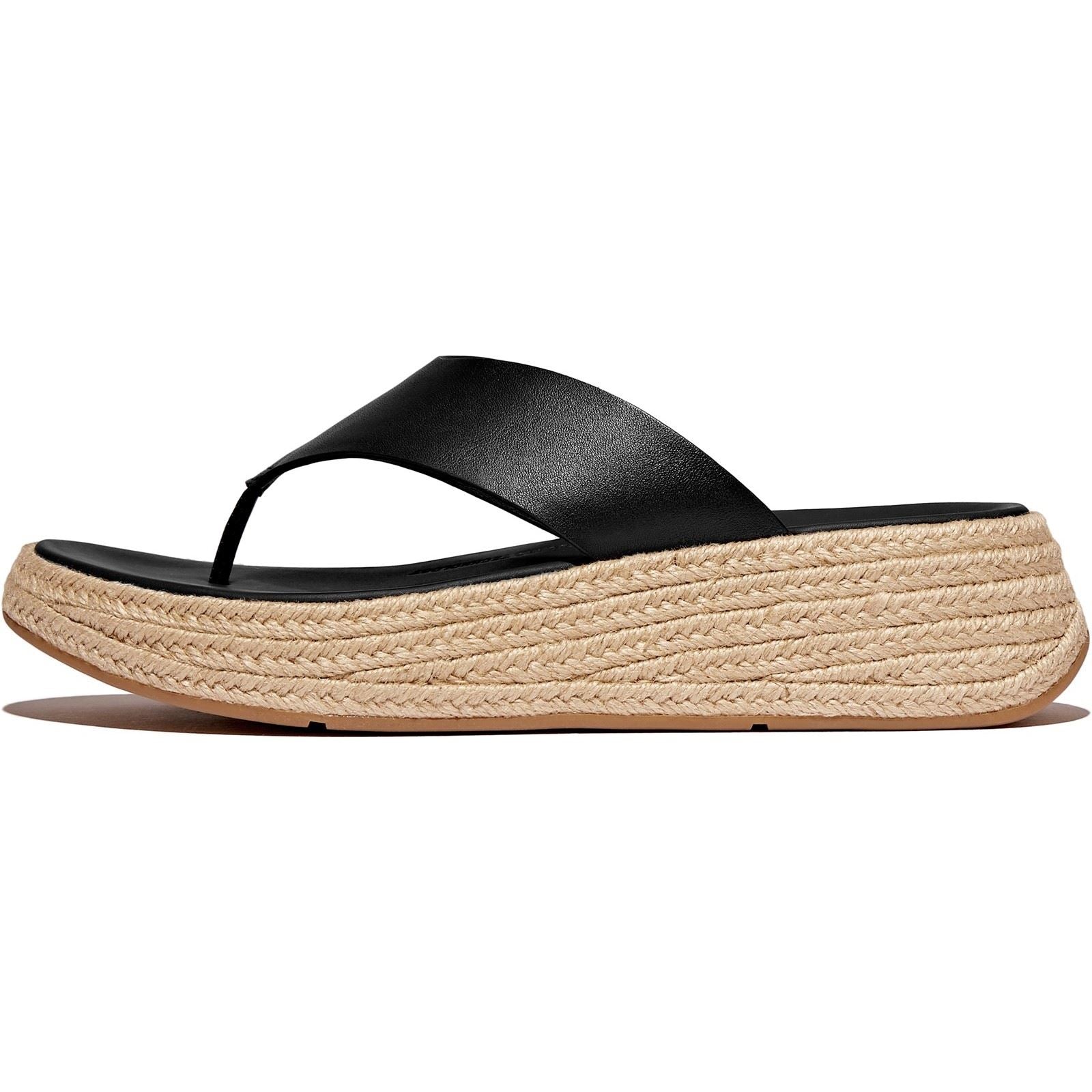 Fitflop F-Mode Toe Post Espadrille Leder Damen Schwarze Sandalen