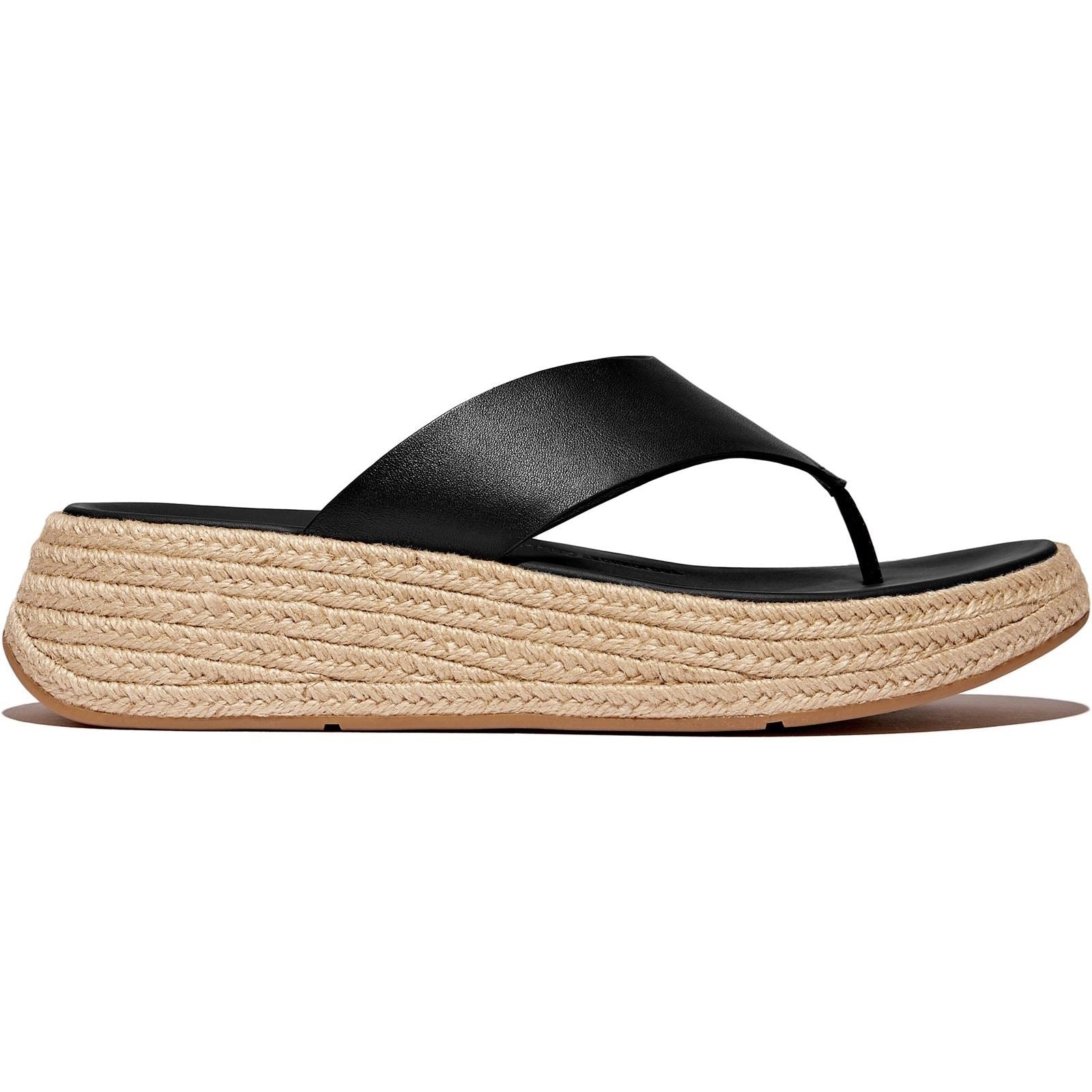 Fitflop F-Mode Toe Post Espadrille Leder Damen Schwarze Sandalen