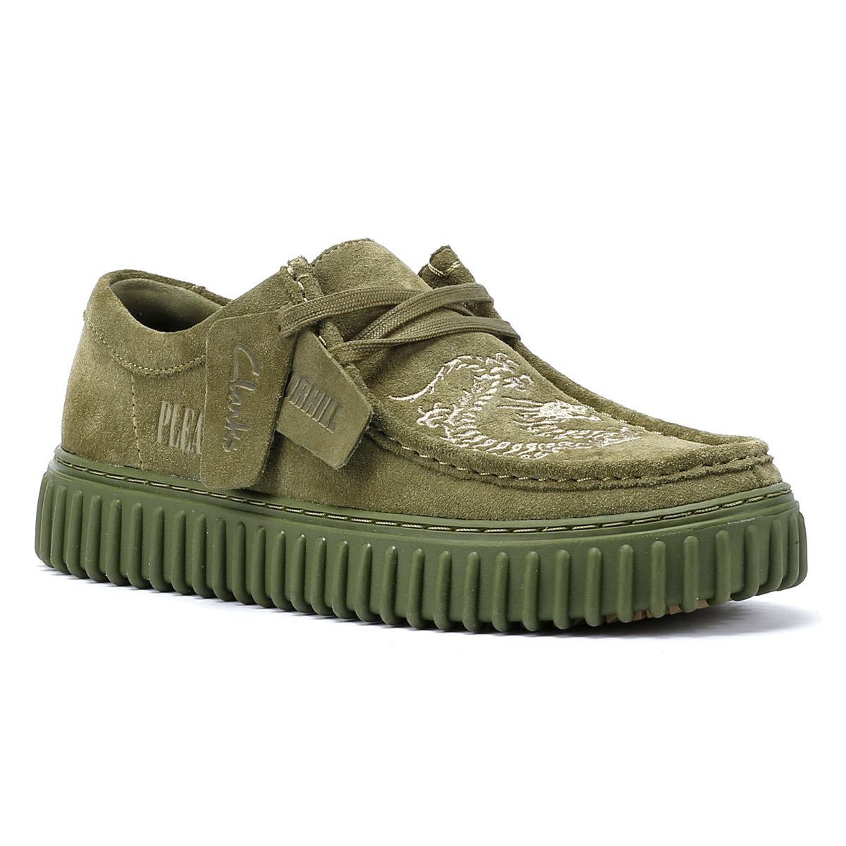 Clarks Main x Pleasures DRGN Lo Grüne Wildlederschuhe Mit Schnürsenkeln