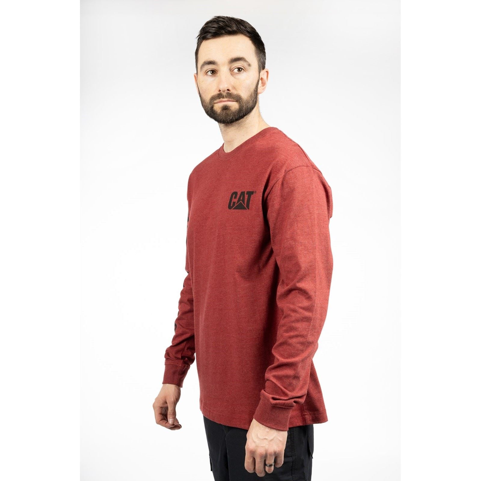 Caterpillar Trademark Banner Long Sleeve Baumwolle Herren Rotes T-Shirt