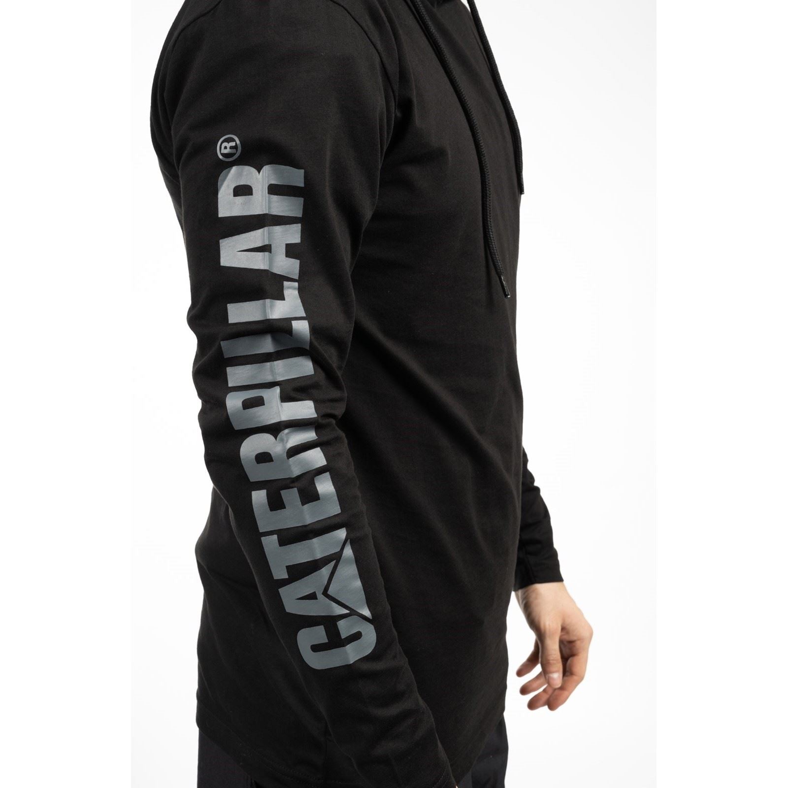 Caterpillar Hooded Long Sleeve Baumwoll Herren Schwarzes T-Shirt