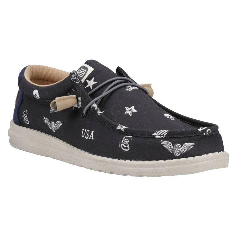 HEYDUDE Wally Stars n Skulls 100% Baumwolle Herren Bootsschuhe In Schwarz