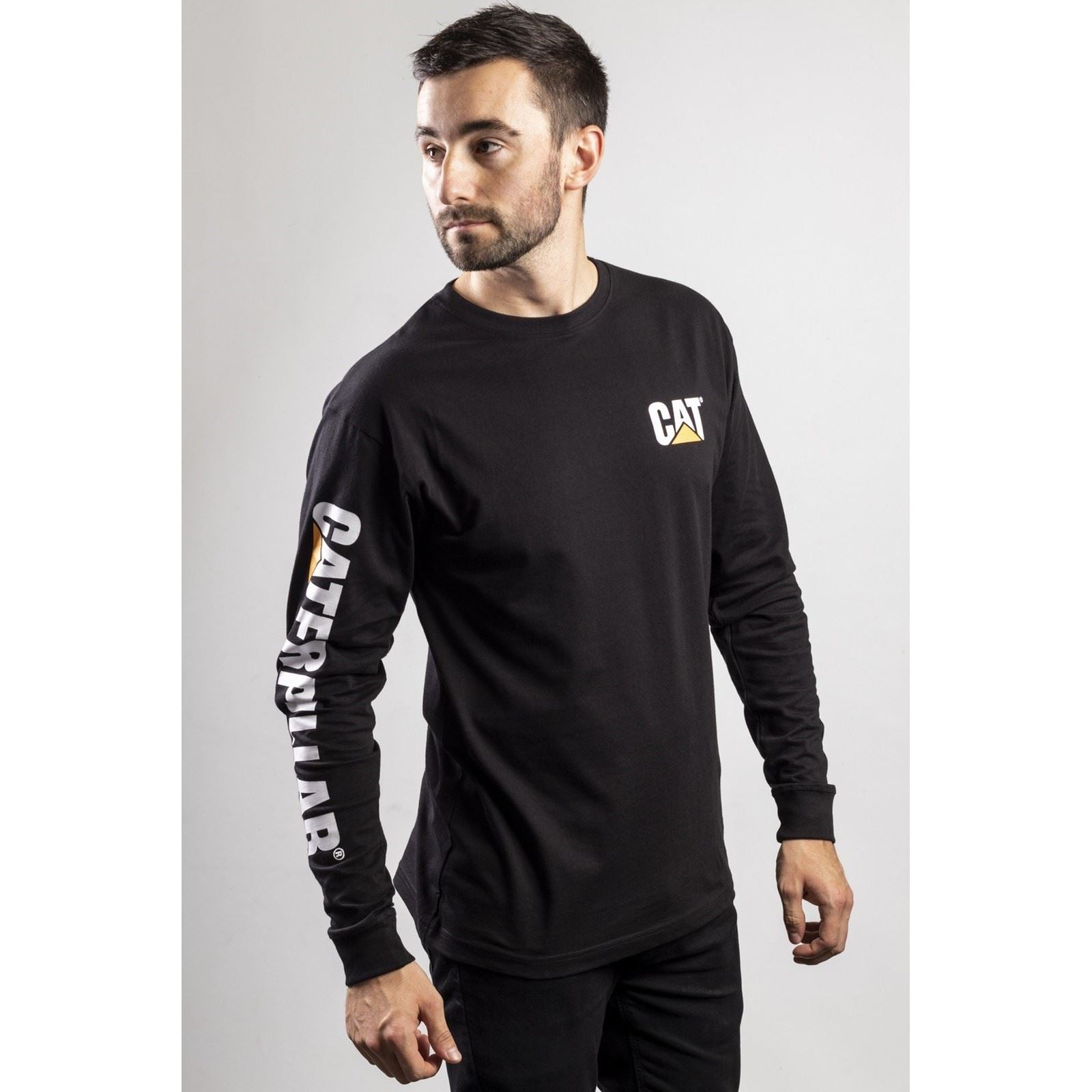 Caterpillar Trademark Banner Long Sleeve Baumwoll Herren Schwarzes T-Shirt