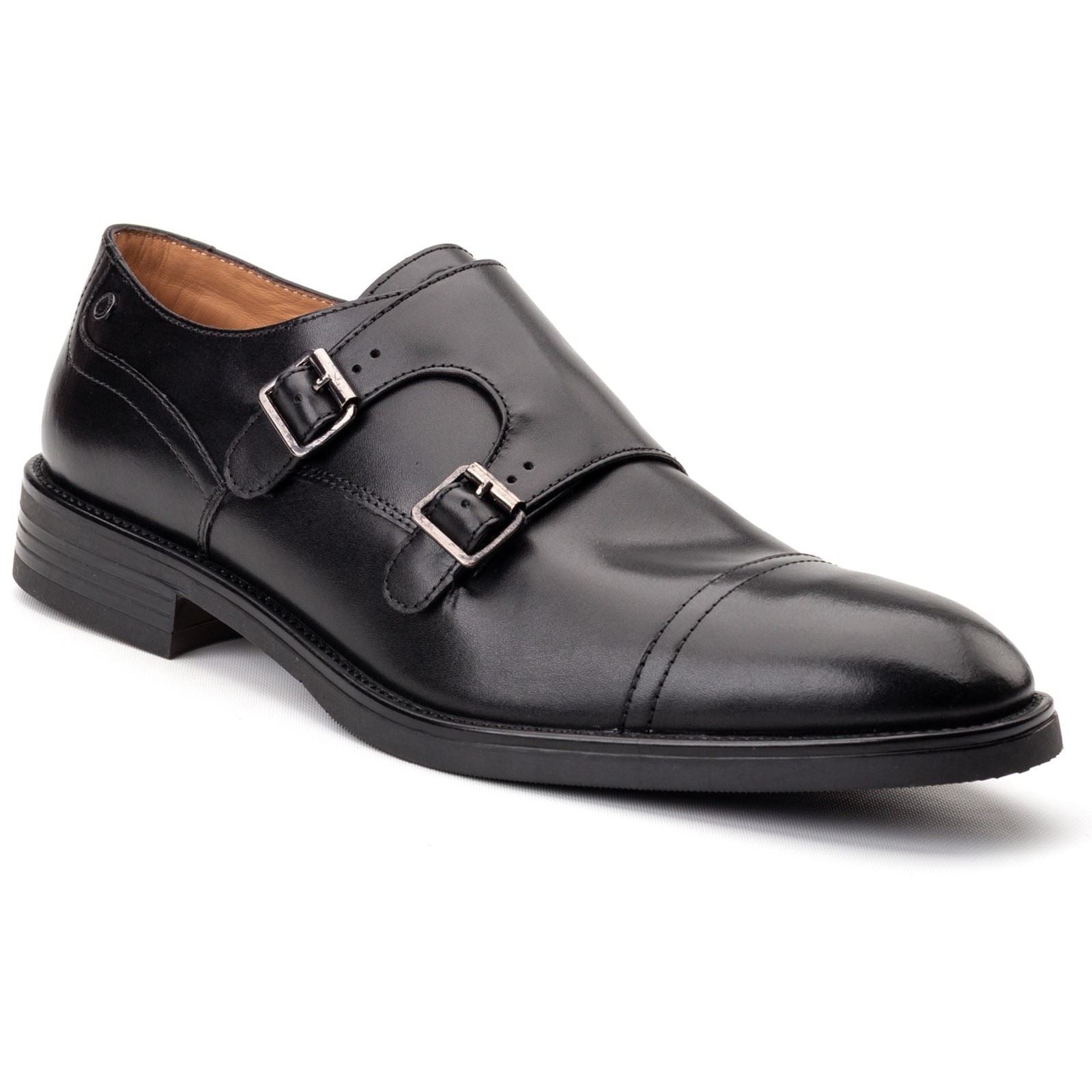 Base London Taper Herrenschuhe Aus Schwarzem Leder Mit Doppeltem Monk Riemen