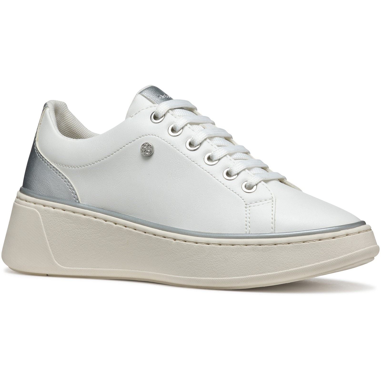 Geox D SUNNETTY Synthetische Polyurethan Damen Sneaker In Weiß/Silber