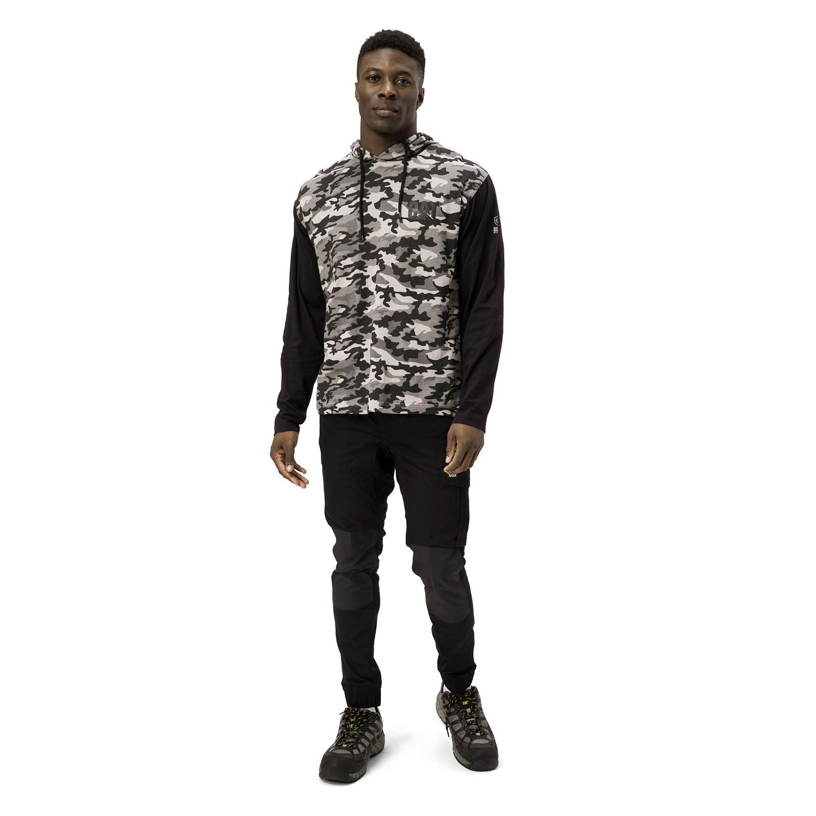 Caterpillar Hooded Long Sleeve Baumwoll Herren Graues T-Shirt