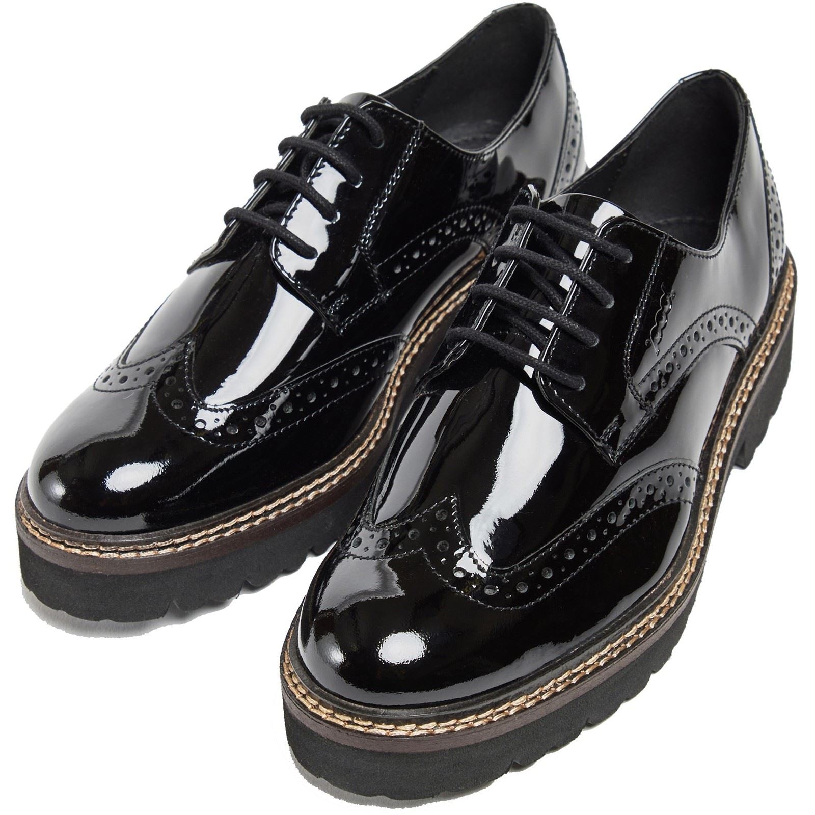 Pod Kortney Faux Leder Damen Schwarze Lack Brogues Schuhe