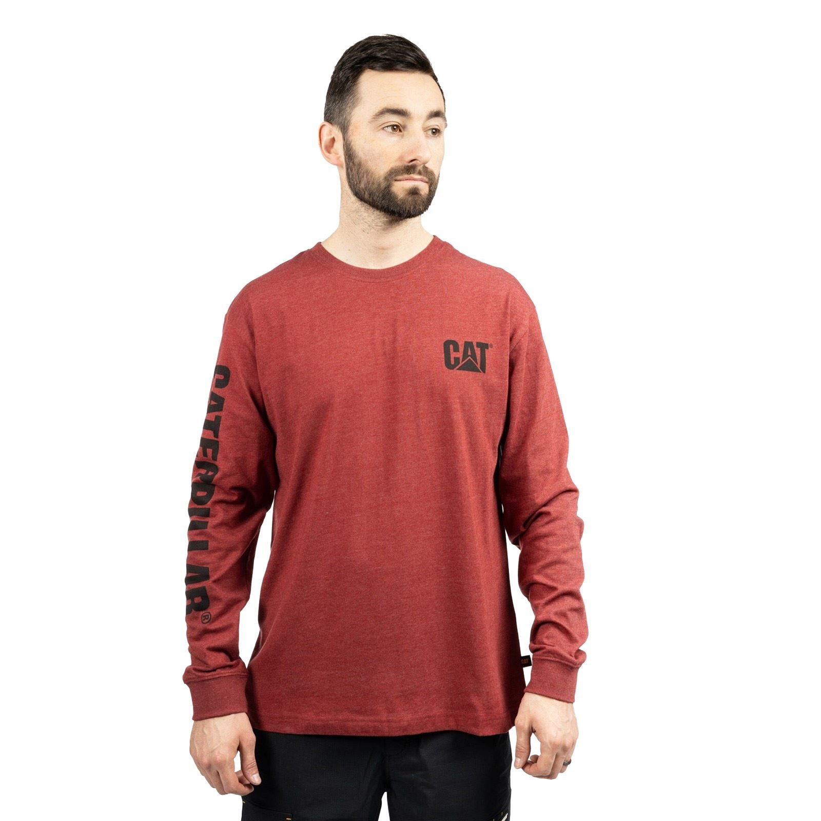 Caterpillar Trademark Banner Long Sleeve Baumwolle Herren Rotes T-Shirt