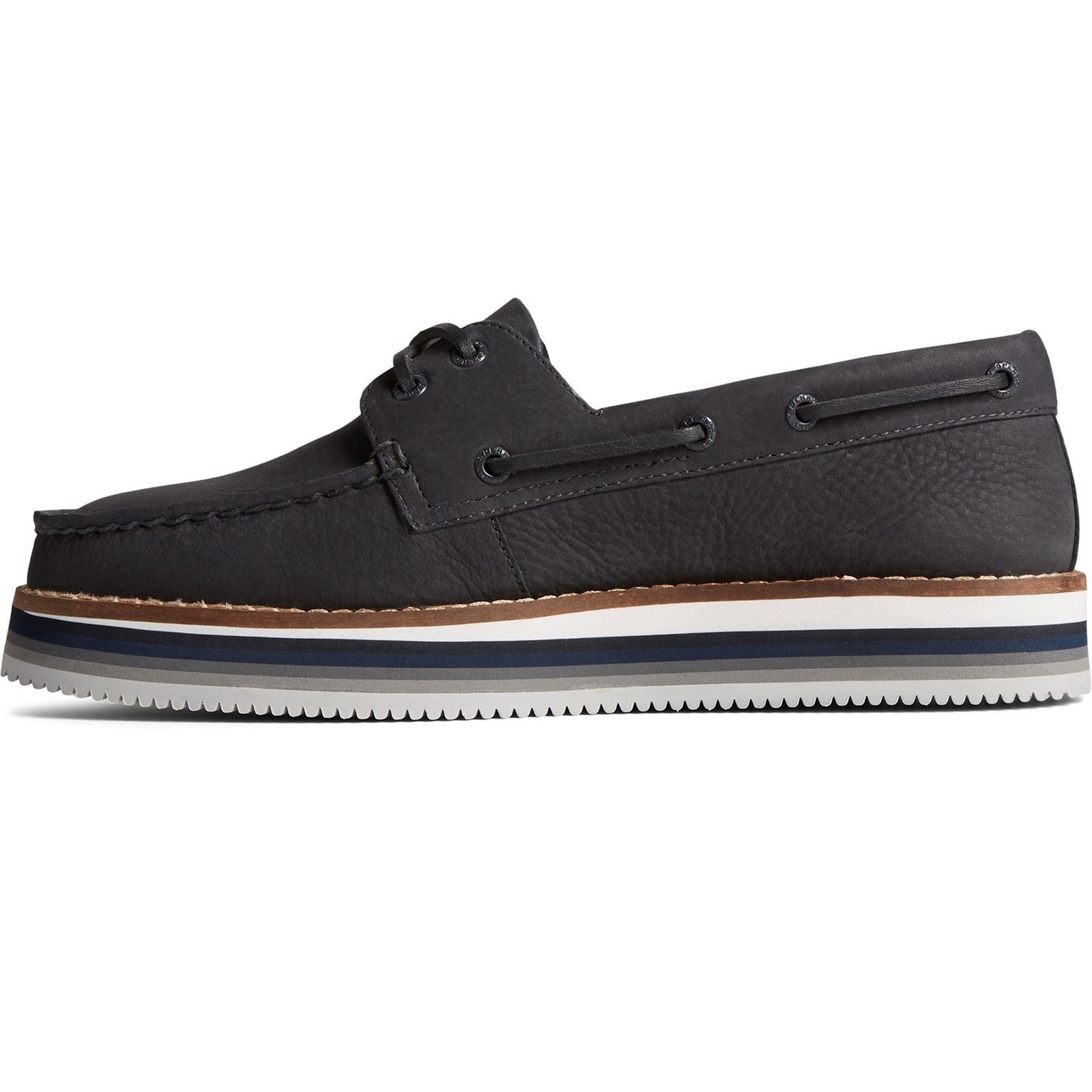 Sperry Authentic Original Stacked Leder Damen Schwarze Bootsschuhe