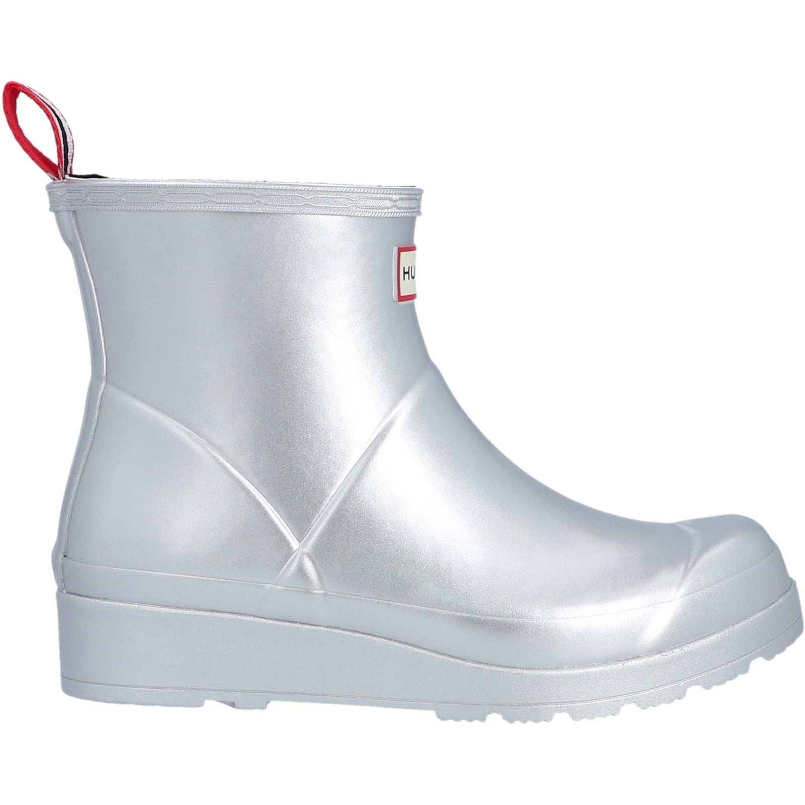 Hunter Play Short Boot Metallic Gummi Damen Silberne Gummistiefel