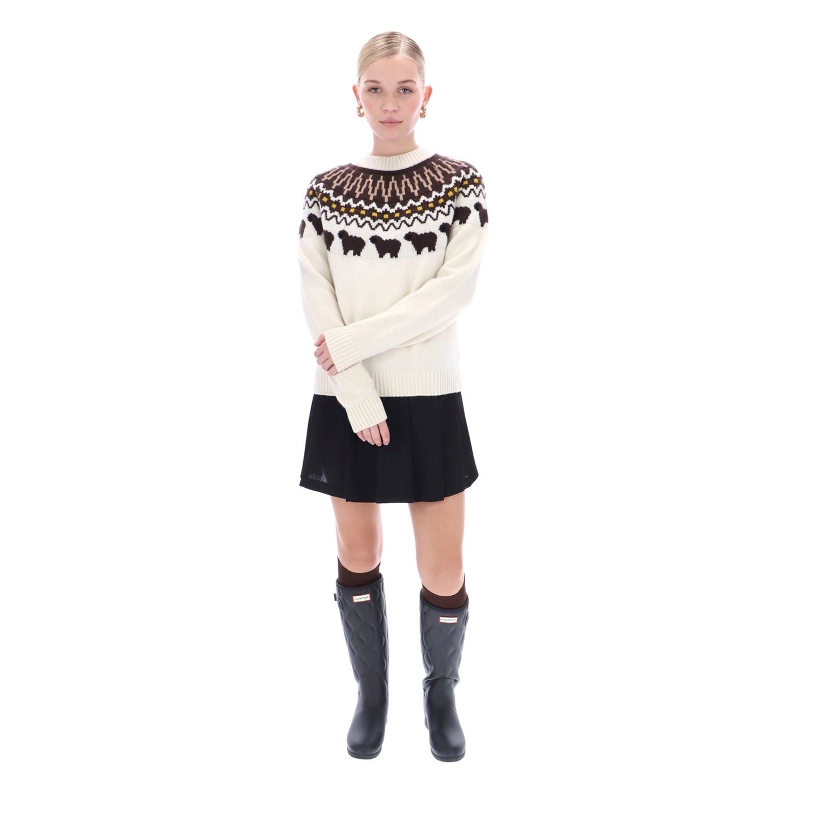 Hunter Ashie Crew Fair Isle Knit Polyester Damen Weiße Rundhalspullover