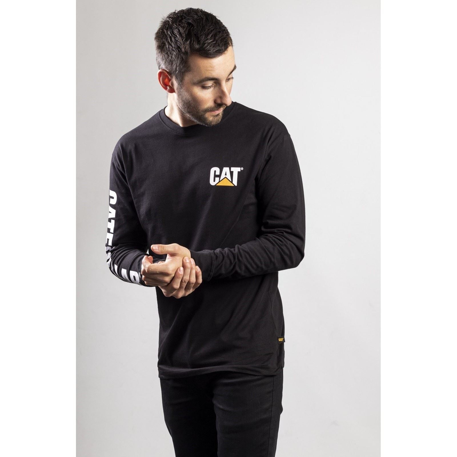 Caterpillar Trademark Banner Long Sleeve Baumwoll Herren Schwarzes T-Shirt