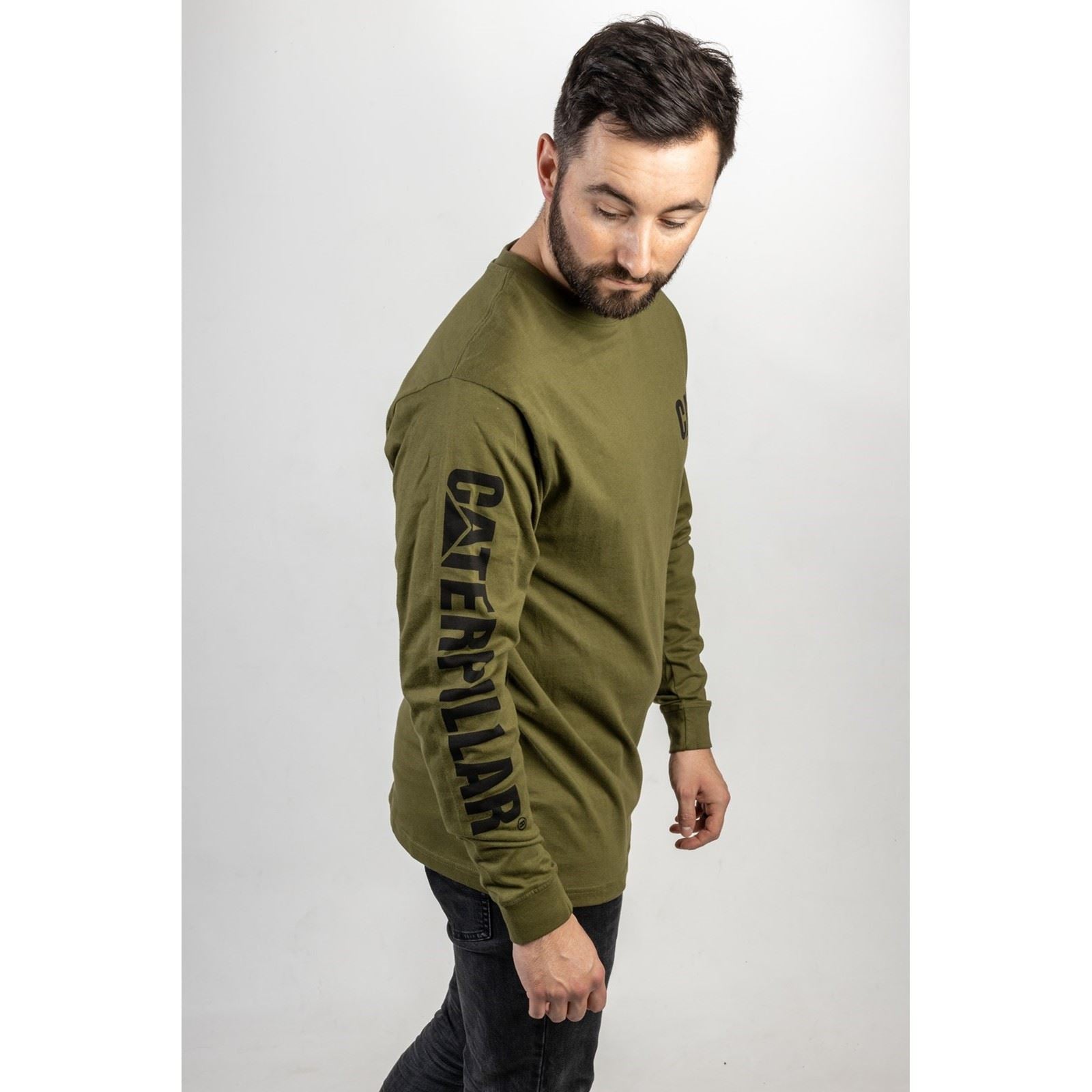 Caterpillar Trademark Banner Long Sleeve Baumwolle Herren Grünes T-Shirt