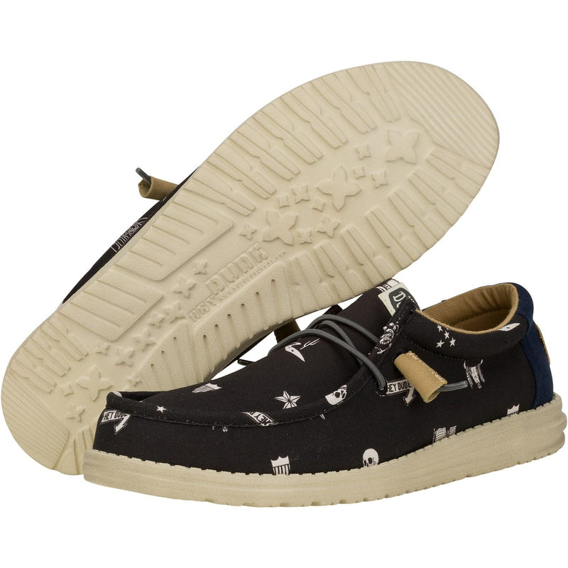 HEYDUDE Wally Stars n Skulls 100% Baumwolle Herren Bootsschuhe In Schwarz