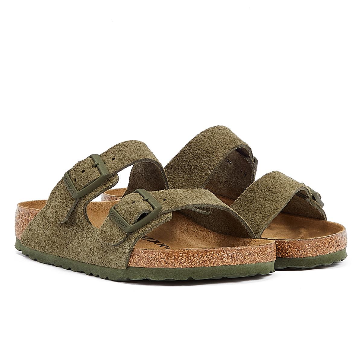 Birkenstock Arizona Wildleder-Leder Sandalen In Thymian-Khaki
