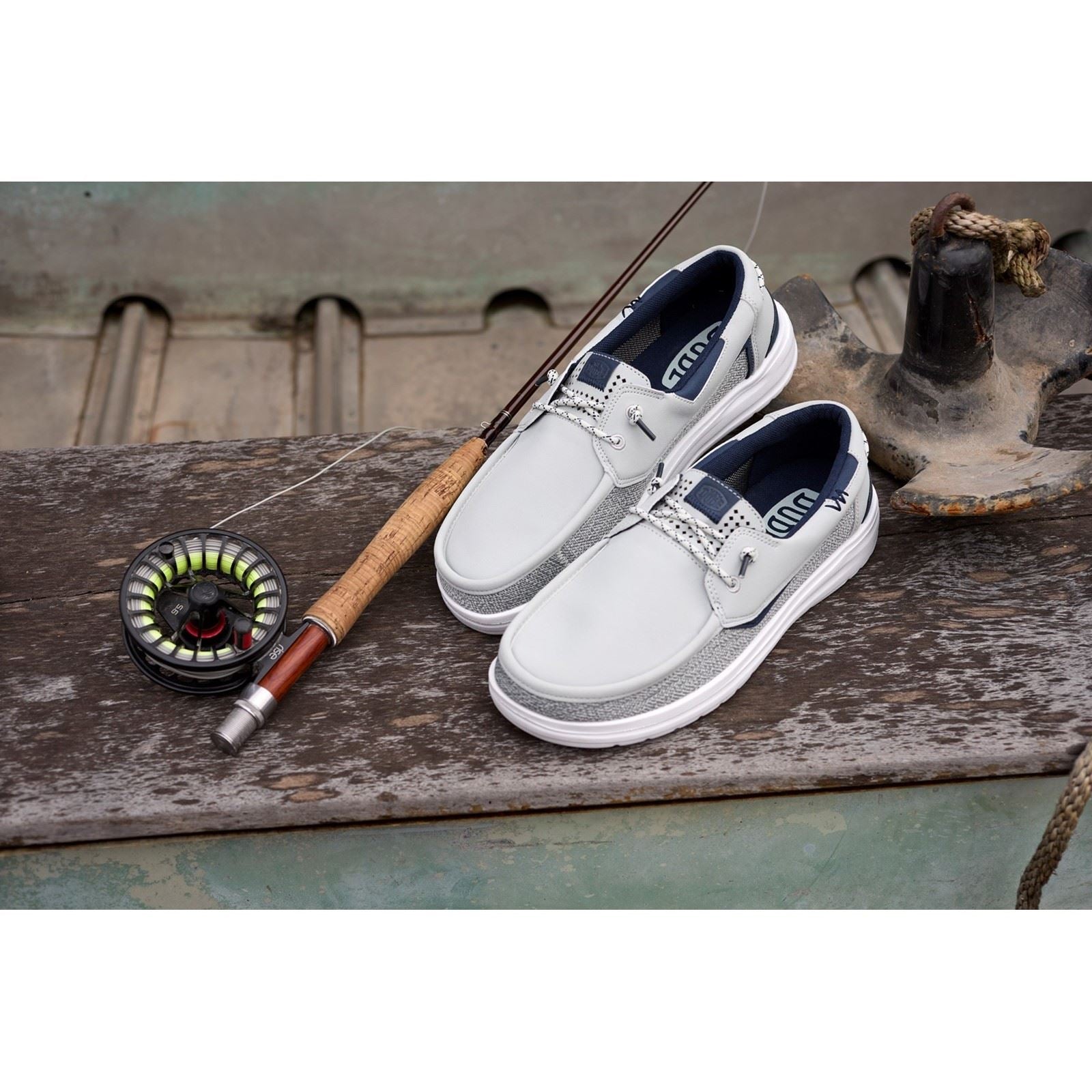 HEYDUDE Welsh Grip Classic Mesh Baumwollmischung Herren Mokassin Bootsschuhe In Sturmgrau/Navy