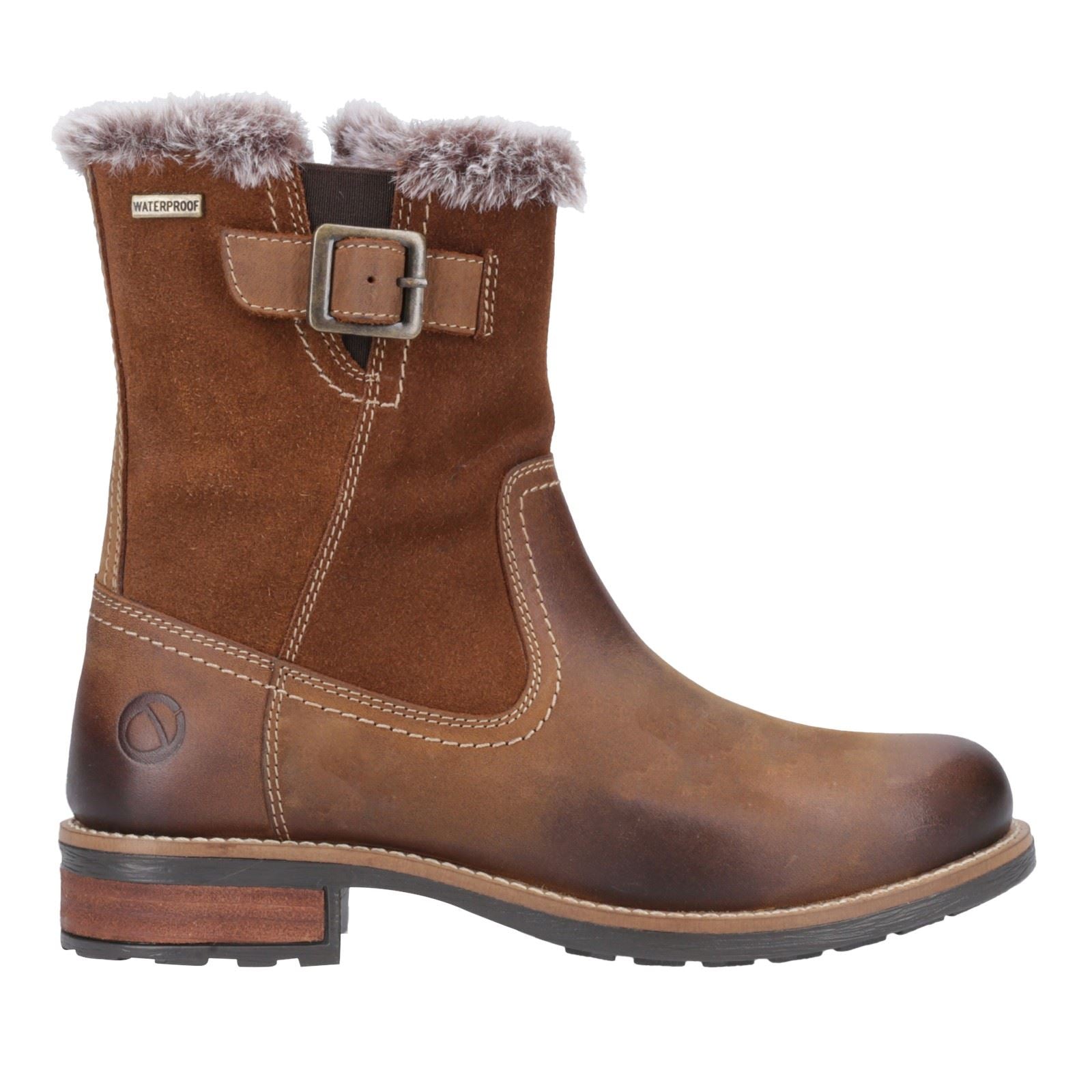 Cotswold Kemerton Damen Winterstiefel aus braunem Leder in der Mitte der Wade