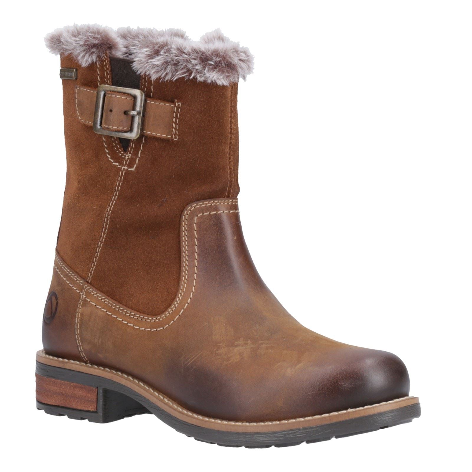 Cotswold Kemerton Damen Winterstiefel aus braunem Leder in der Mitte der Wade