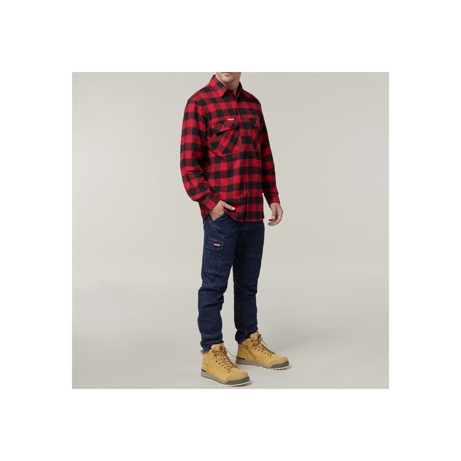Hard Yakka Long Sleeve Check Flannel Baumwolle Herren Rotes Freizeithemd