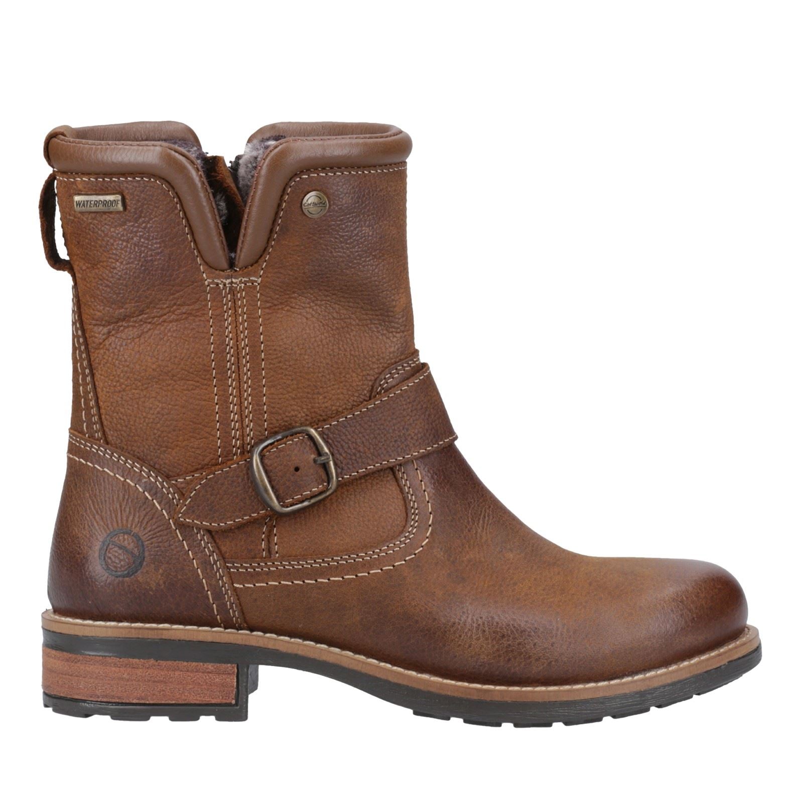 Cotswold Kinsham Damen Winterstiefel aus braunem Leder in der Mitte der Wade