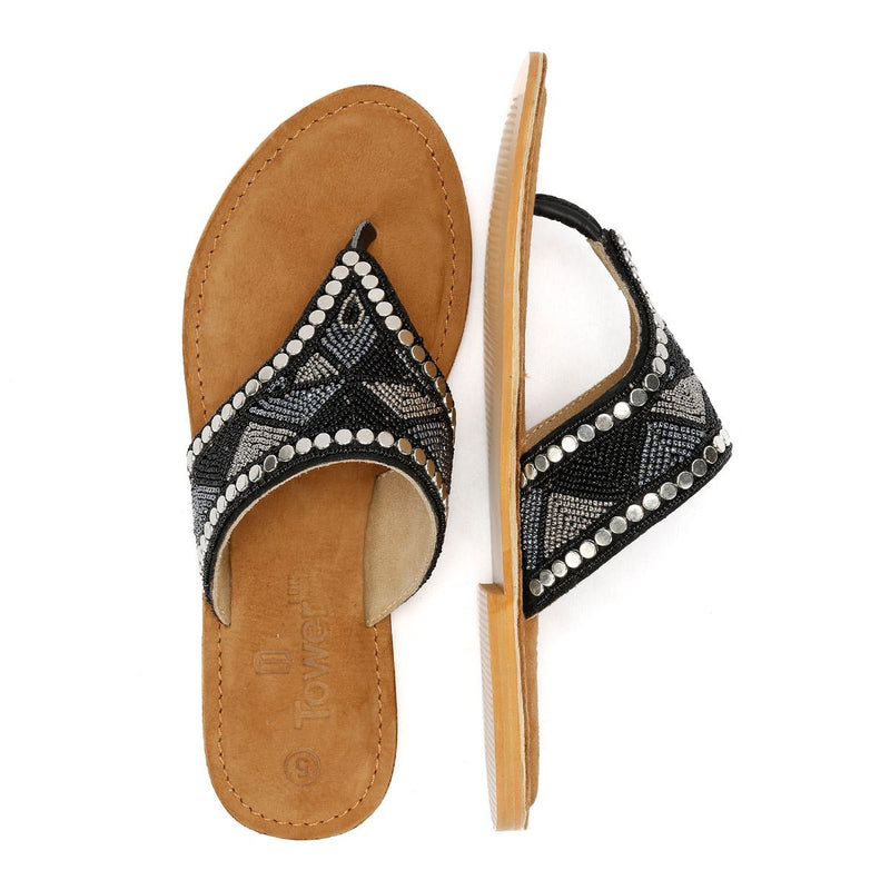 Tower London Wide Vamp Toepost Damen Schwarze Farbe Sandalen