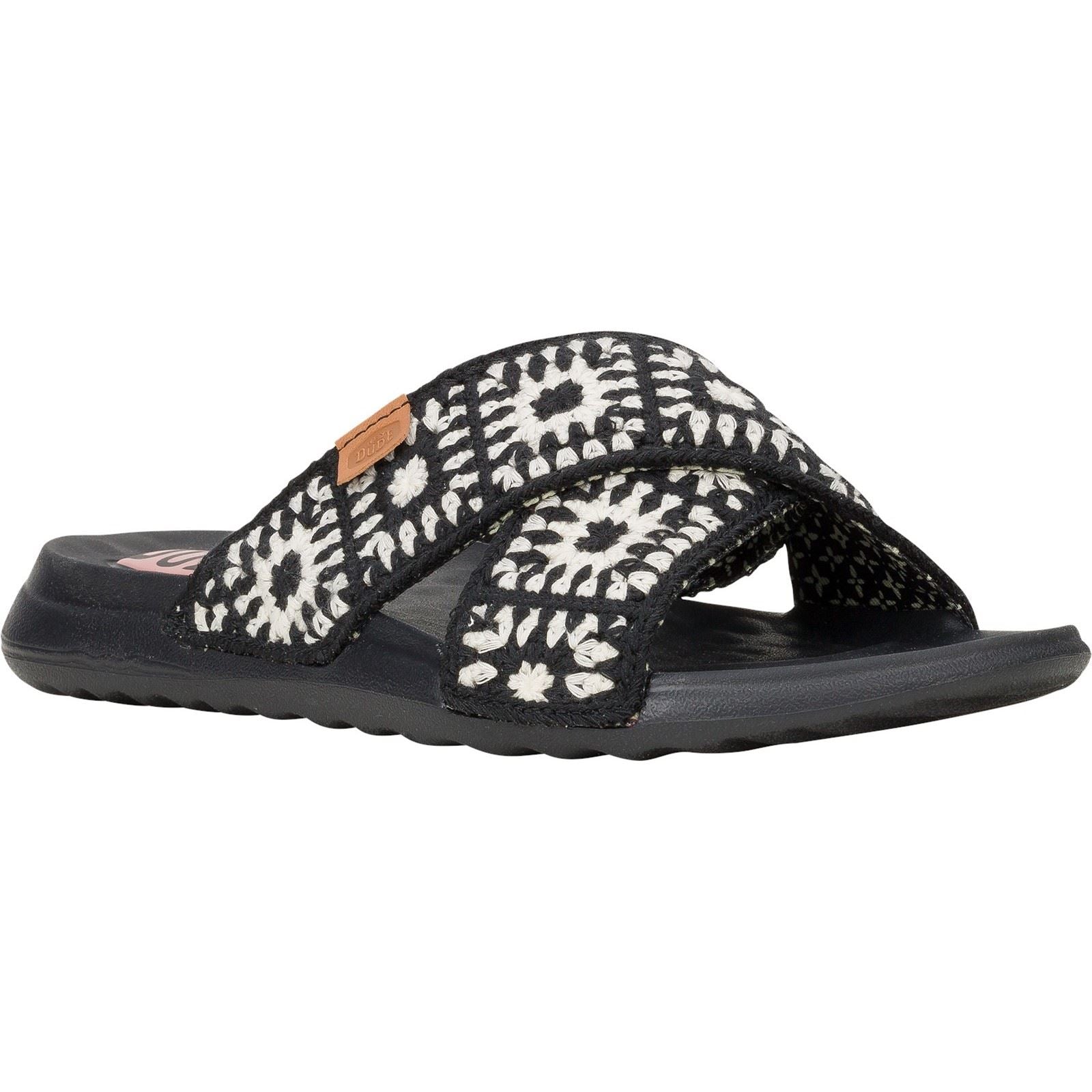 HEYDUDE Christi Slide Cottage Crochet Baumwoll-Damensandalen In Schwarz/Weiß