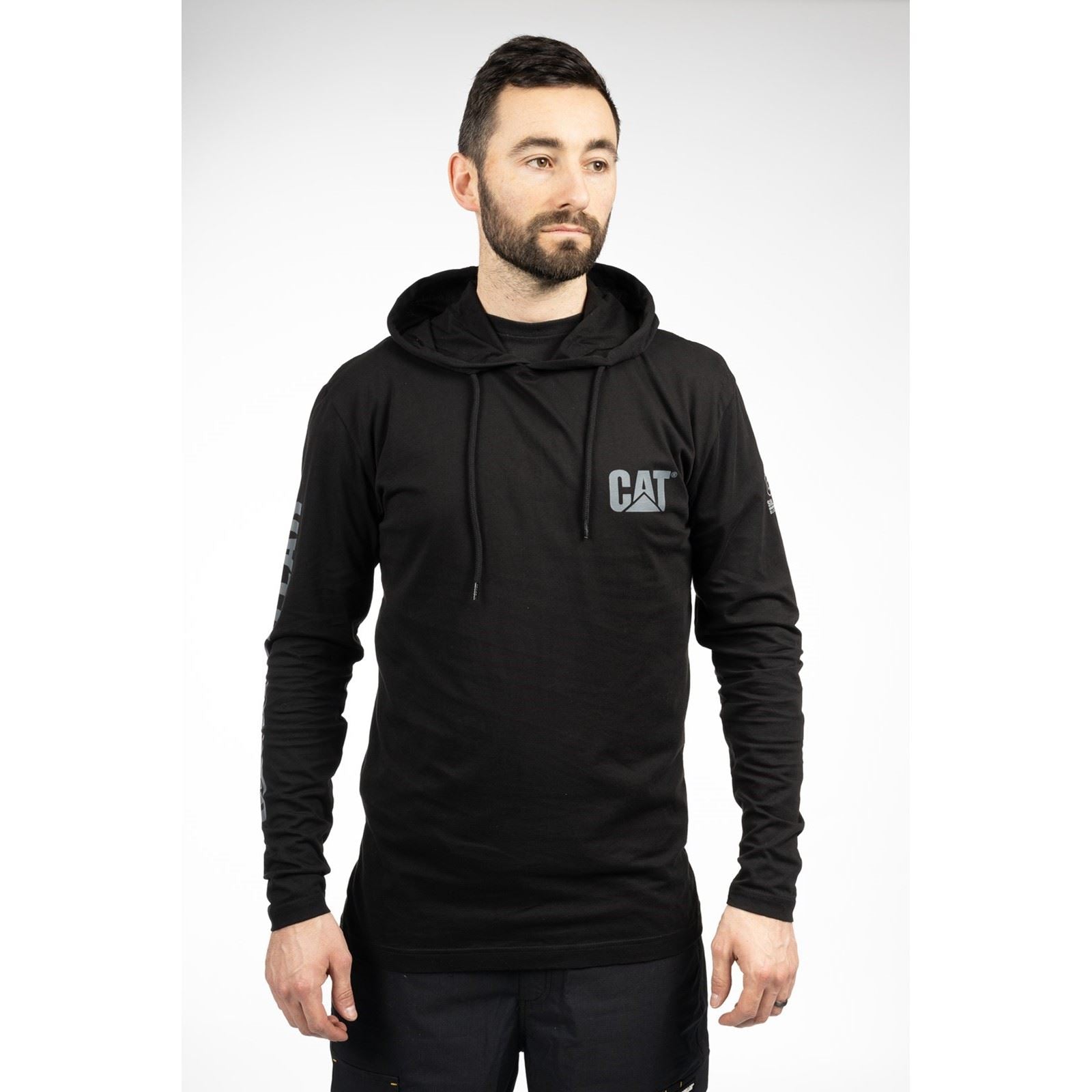 Caterpillar Hooded Long Sleeve Baumwoll Herren Schwarzes T-Shirt