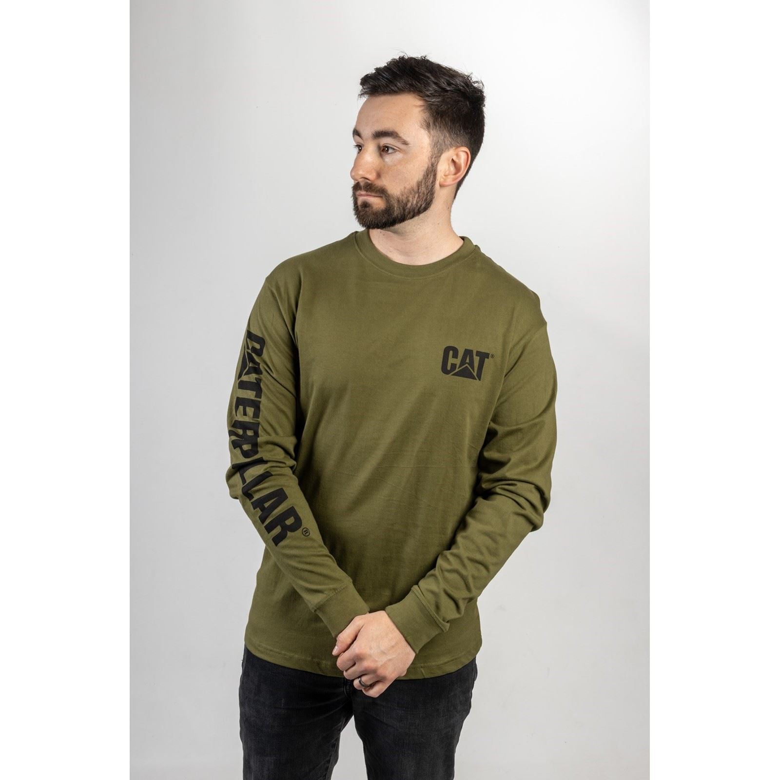 Caterpillar Trademark Banner Long Sleeve Baumwolle Herren Grünes T-Shirt