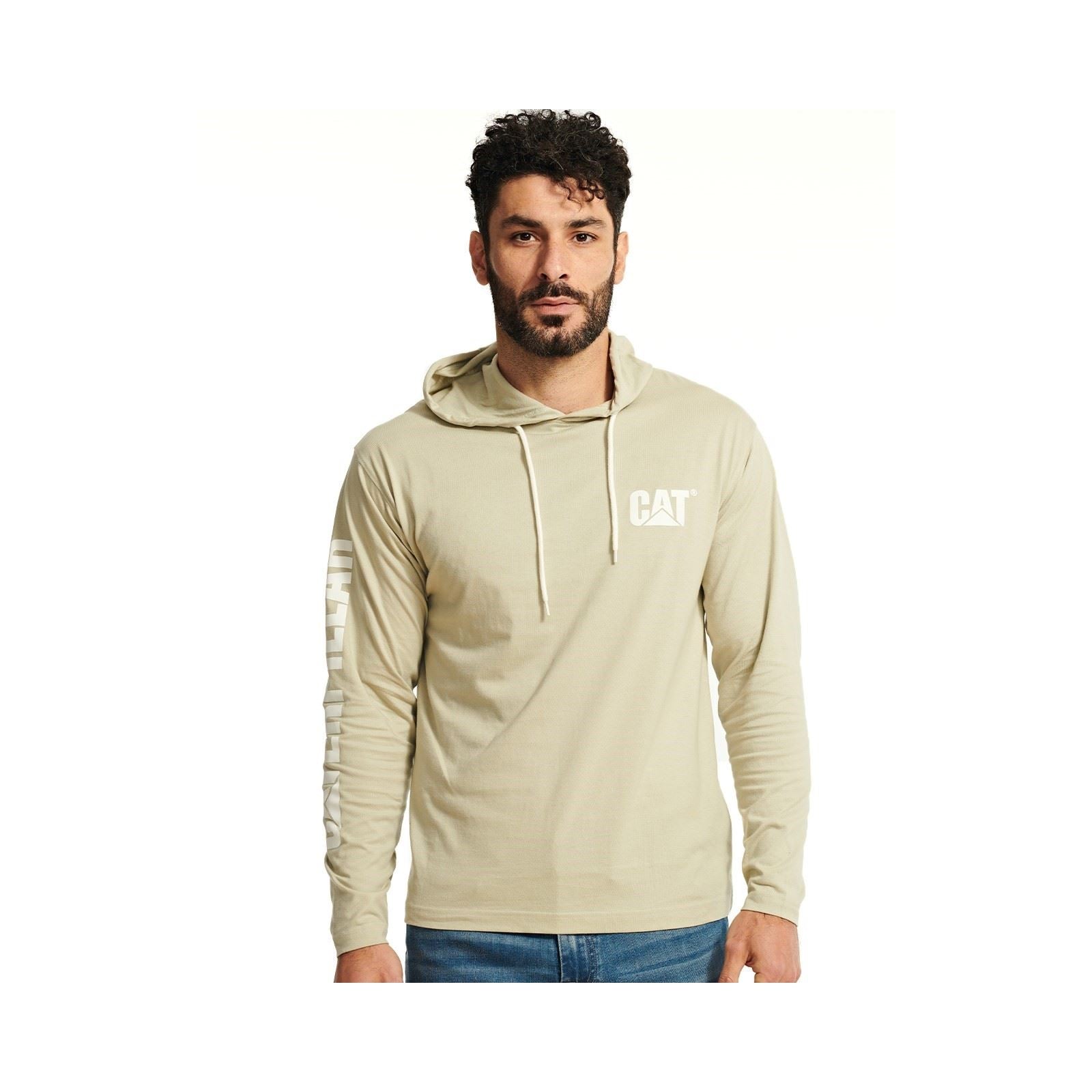 Caterpillar Hooded Long Sleeve Baumwolle Herren Beige T-Shirt