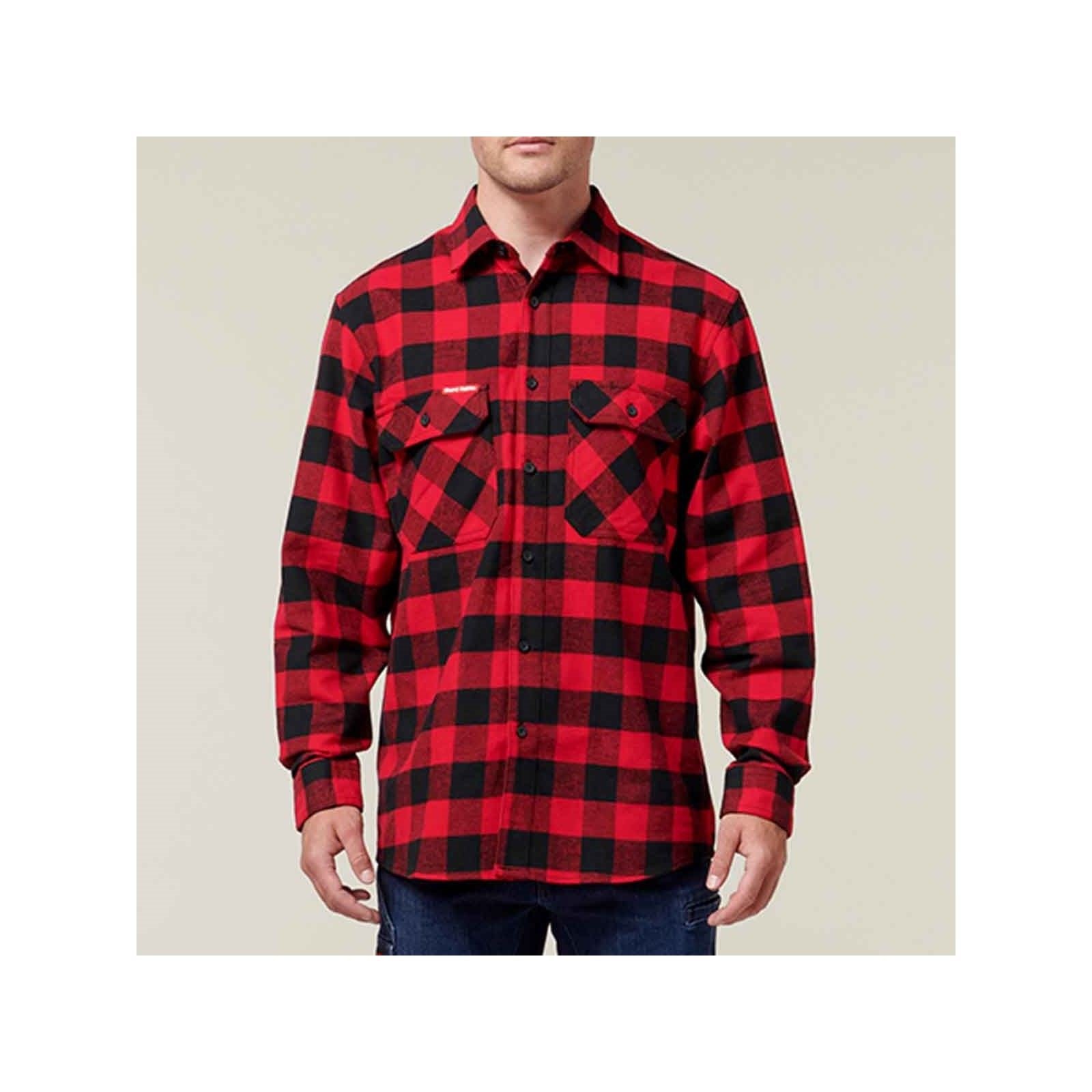 Hard Yakka Long Sleeve Check Flannel Baumwolle Herren Rotes Freizeithemd