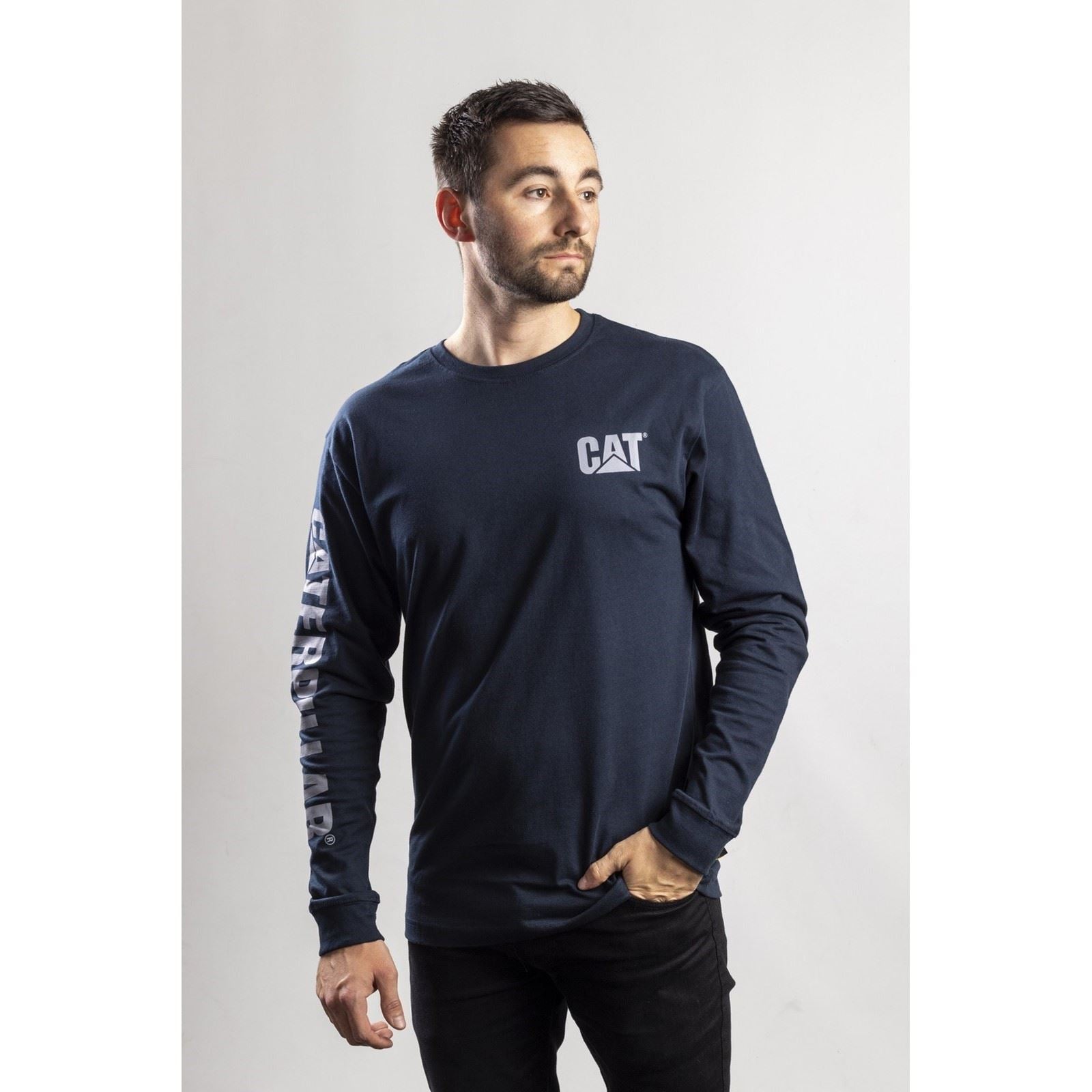 Caterpillar Trademark Banner Long Sleeve Baumwolle Herren Blau T-Shirt