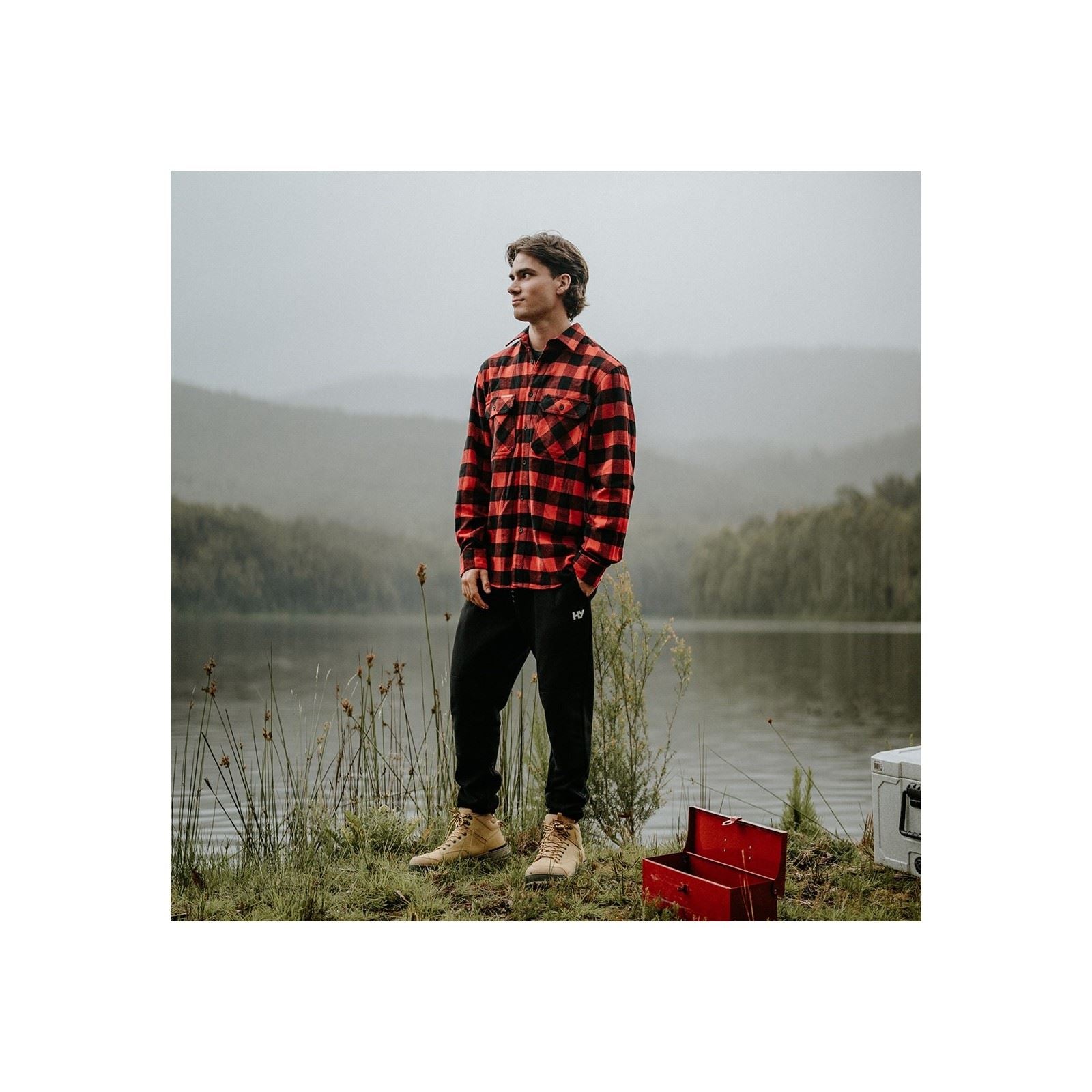 Hard Yakka Long Sleeve Check Flannel Baumwolle Herren Rotes Freizeithemd