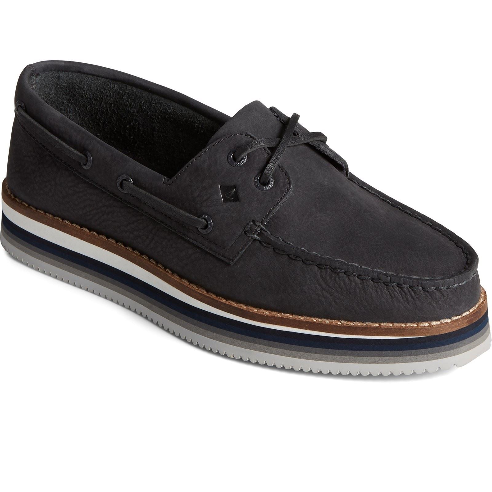 Sperry Authentic Original Stacked Leder Damen Schwarze Bootsschuhe