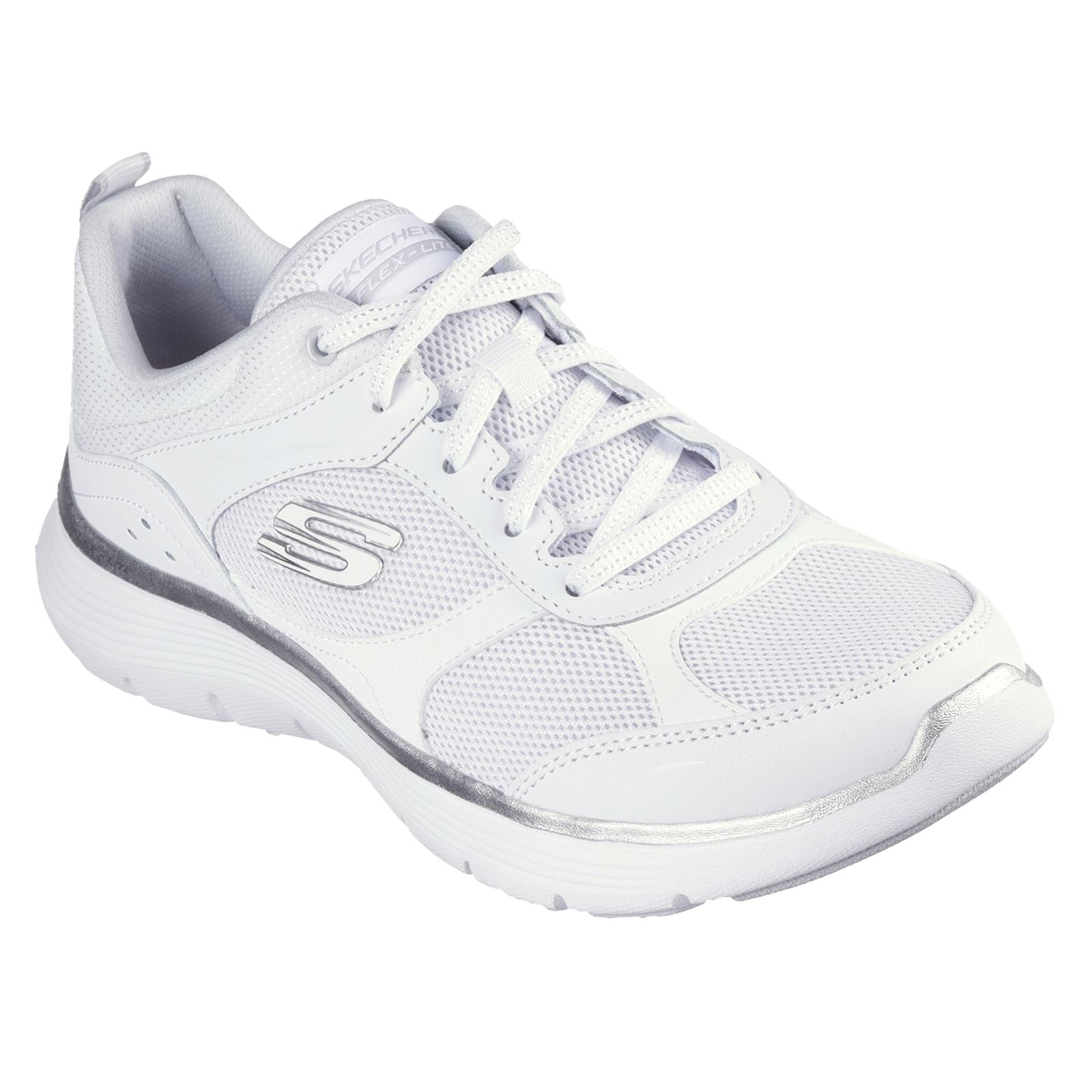 Skechers Flex Appeal 5.0 Fresh Touch Leder Damen Sneaker In Weiß/Silber
