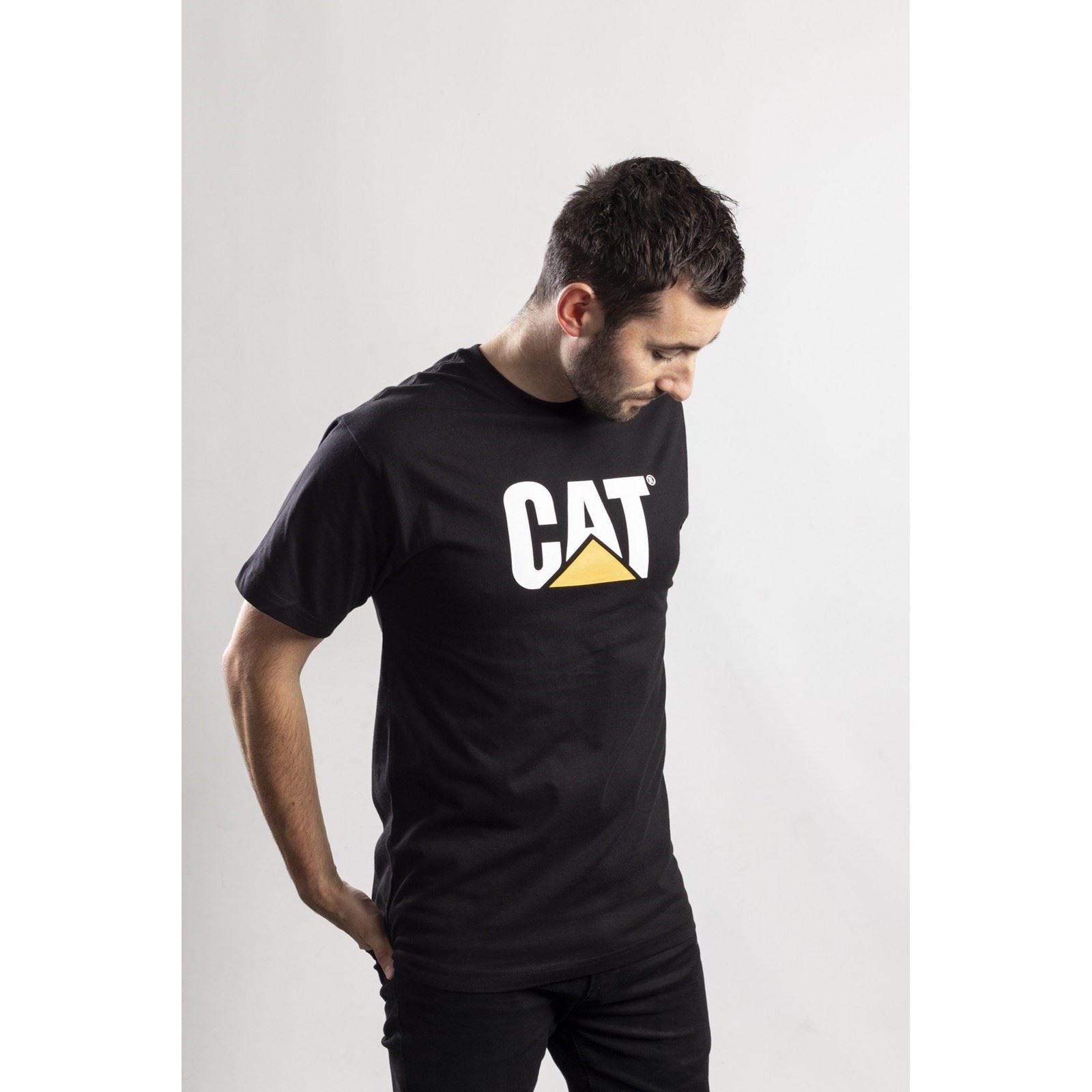Caterpillar Trademark Logo Baumwoll Männer Schwarze Farbe Kurzarm-T-Shirts