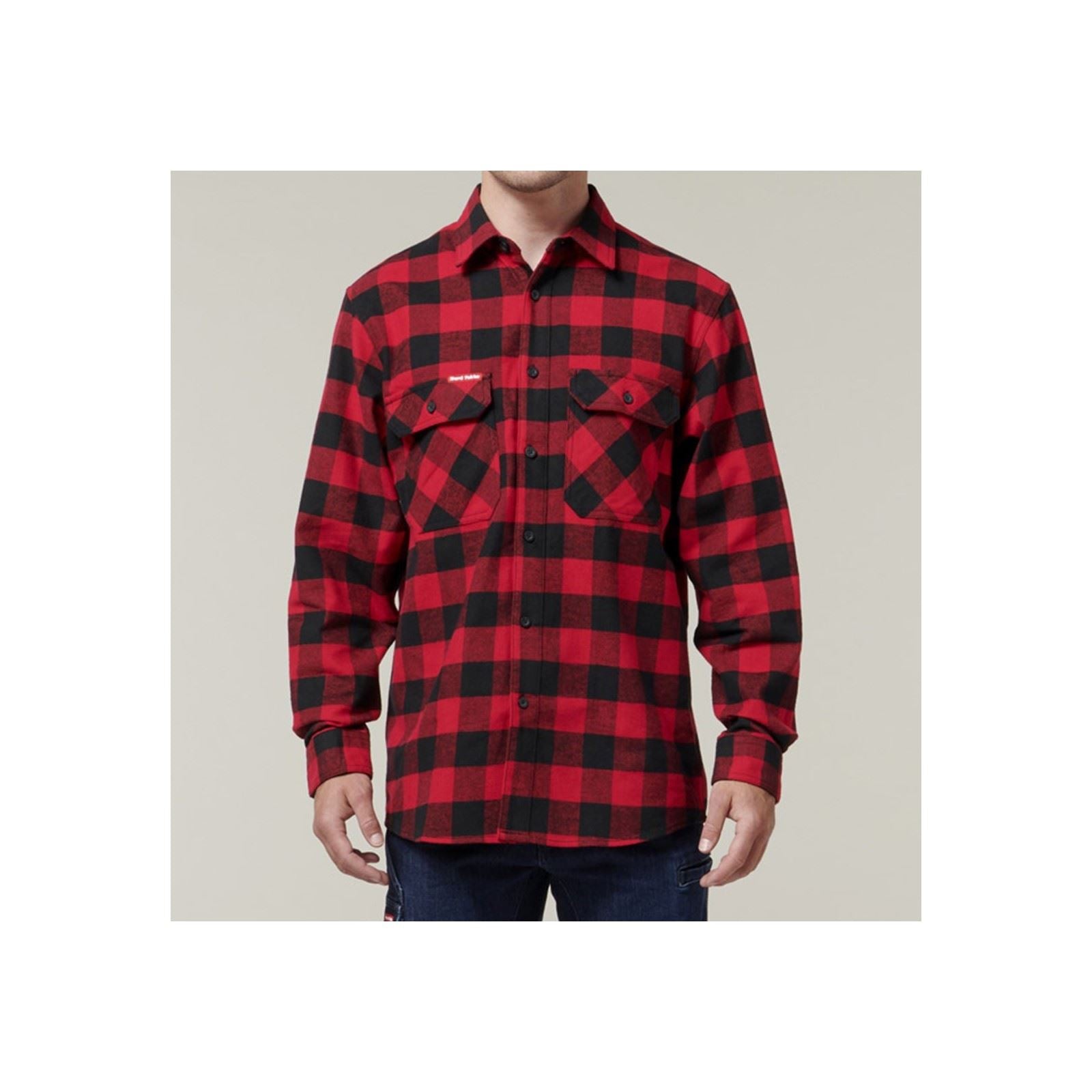 Hard Yakka Long Sleeve Check Flannel Baumwolle Herren Rotes Freizeithemd