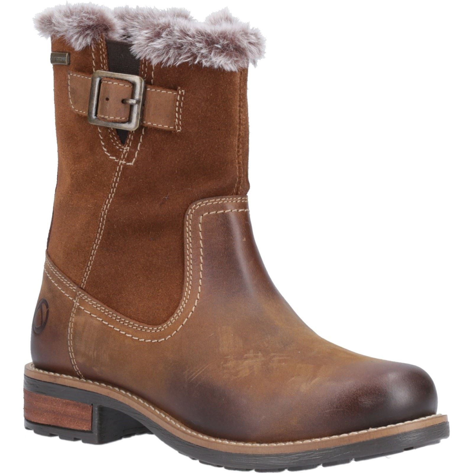 Cotswold Kemerton Damen Winterstiefel aus braunem Leder in der Mitte der Wade