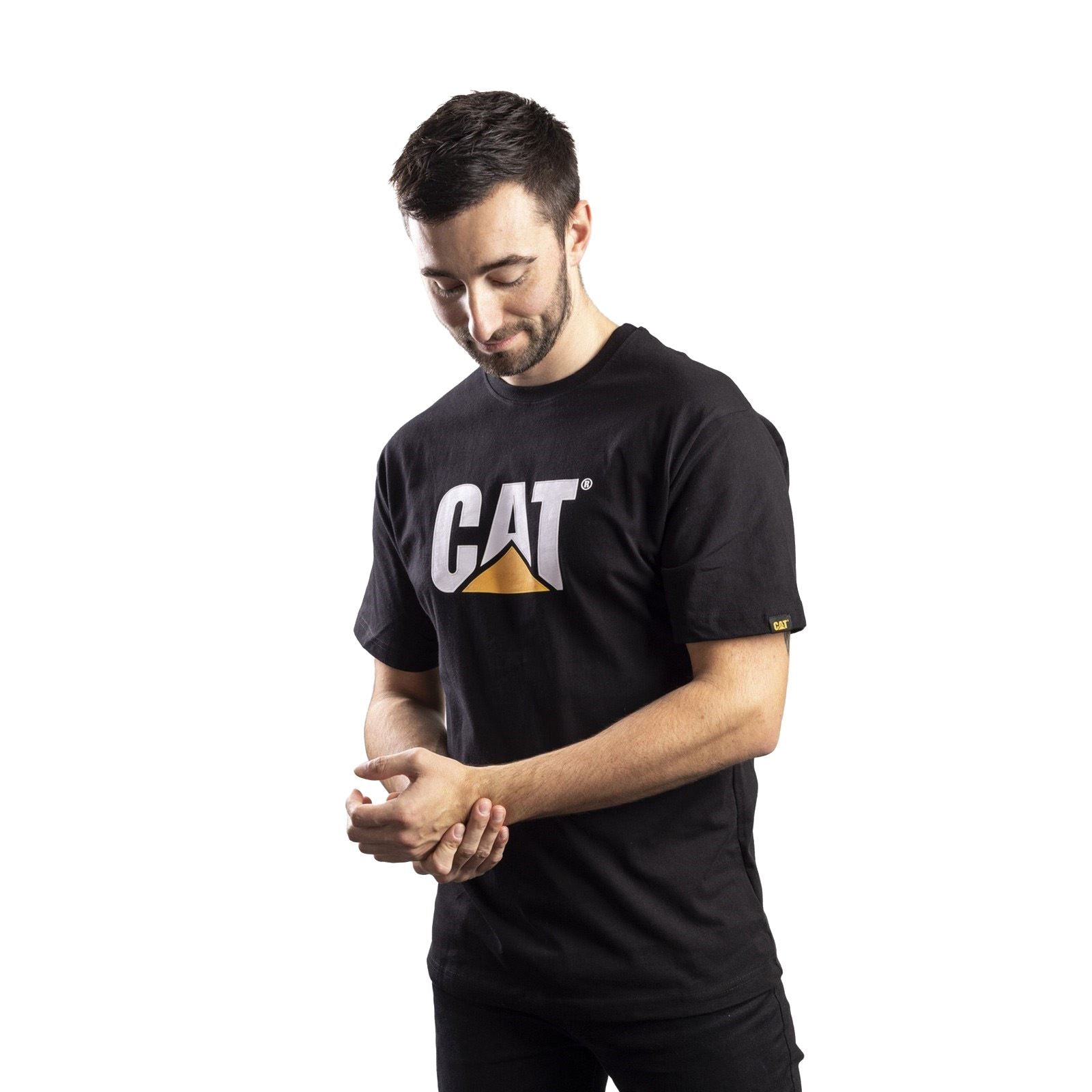 Caterpillar Trademark Logo Baumwoll Männer Schwarze Farbe Kurzarm-T-Shirts