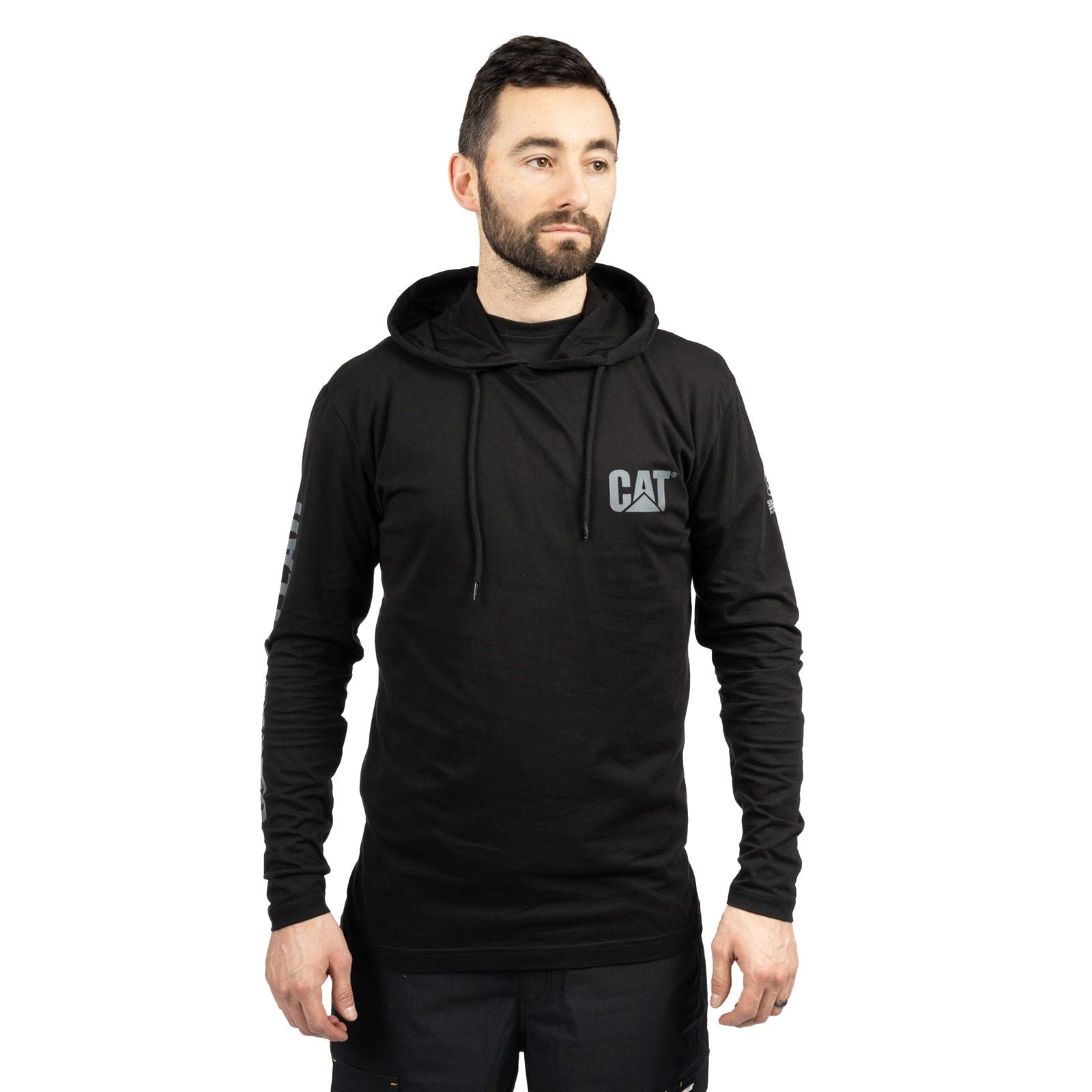 Caterpillar Hooded Long Sleeve Baumwoll Herren Schwarzes T-Shirt