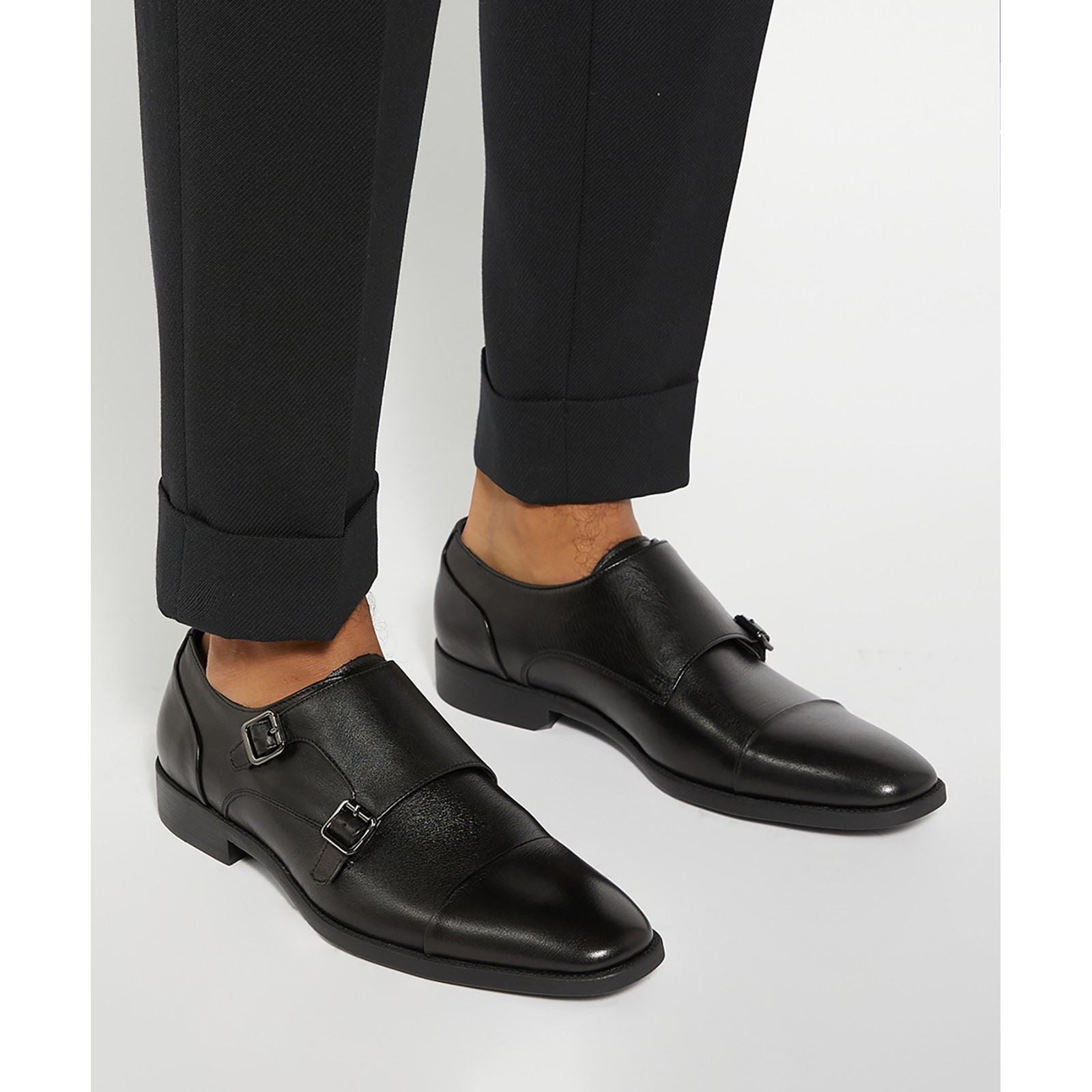 Dune Satchin Herrenschuhe Aus Schwarzem Leder Mit Doppeltem Monk Riemen