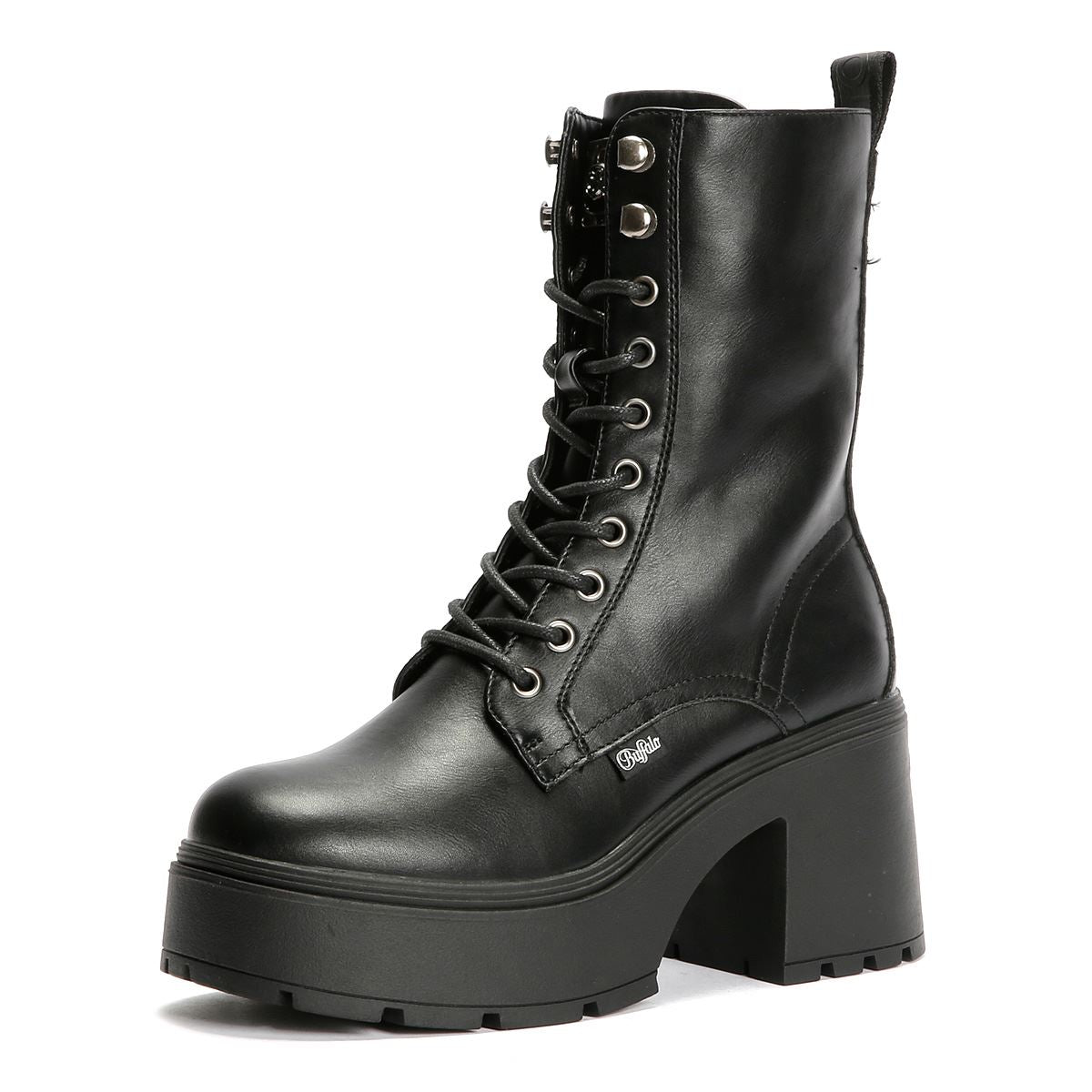 Buffalo Mila Lace Up Mid Damen Schwarze Stiefel