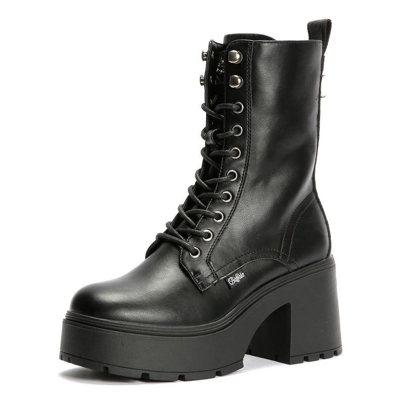 Buffalo Mila Lace Up Mid Damen Schwarze Stiefel
